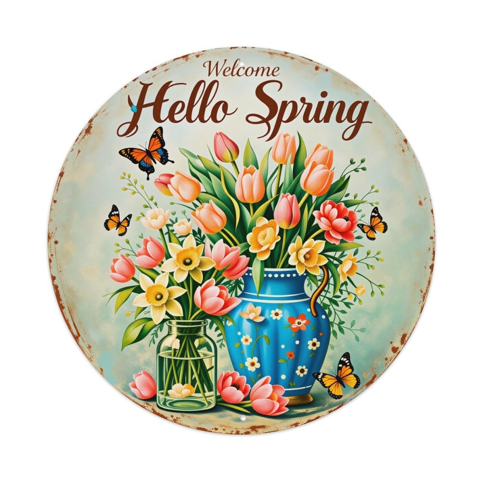 Floral Spring Tulip Butterfly Vase Round Tin Sign Vintage Style Metal Sign Home Bar Garden Wall Plaque Decor Metal Poster 8x8 Inch