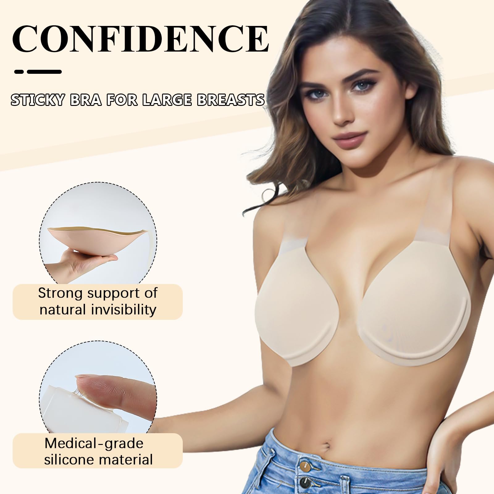 Soutien-gorge push-up collant pour gros seins - Invisilift Plus Size Soutien-gorge en silicone adhésif dos nu, beige, C