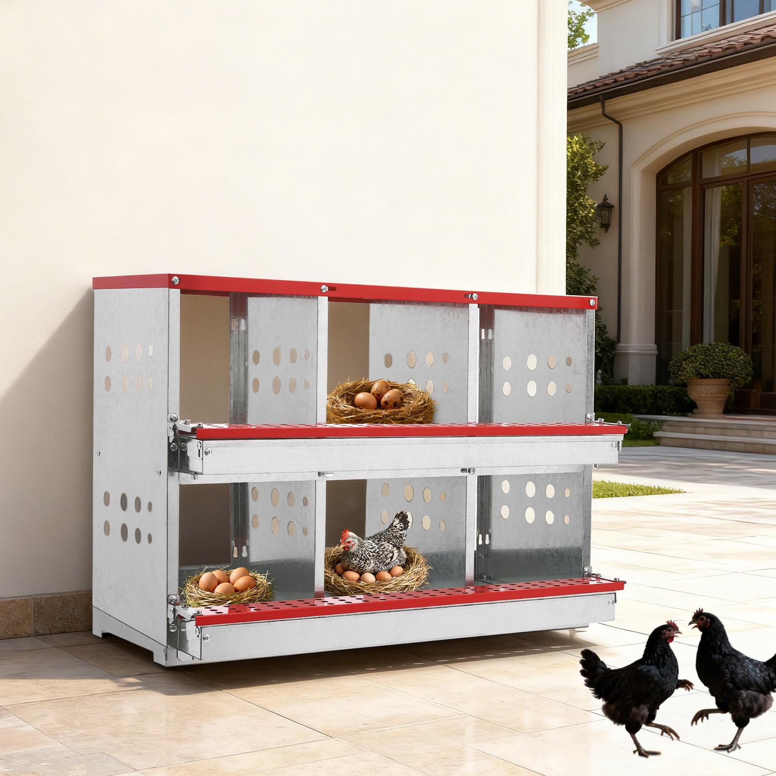 Nido para pollos, 6 compartimentos, nido galvanizado con nido de huevo y bandeja automática de huevos, aireado e inoxidable, nido de 2 niveles para gallinero, accesorios para gallinas ponedoras