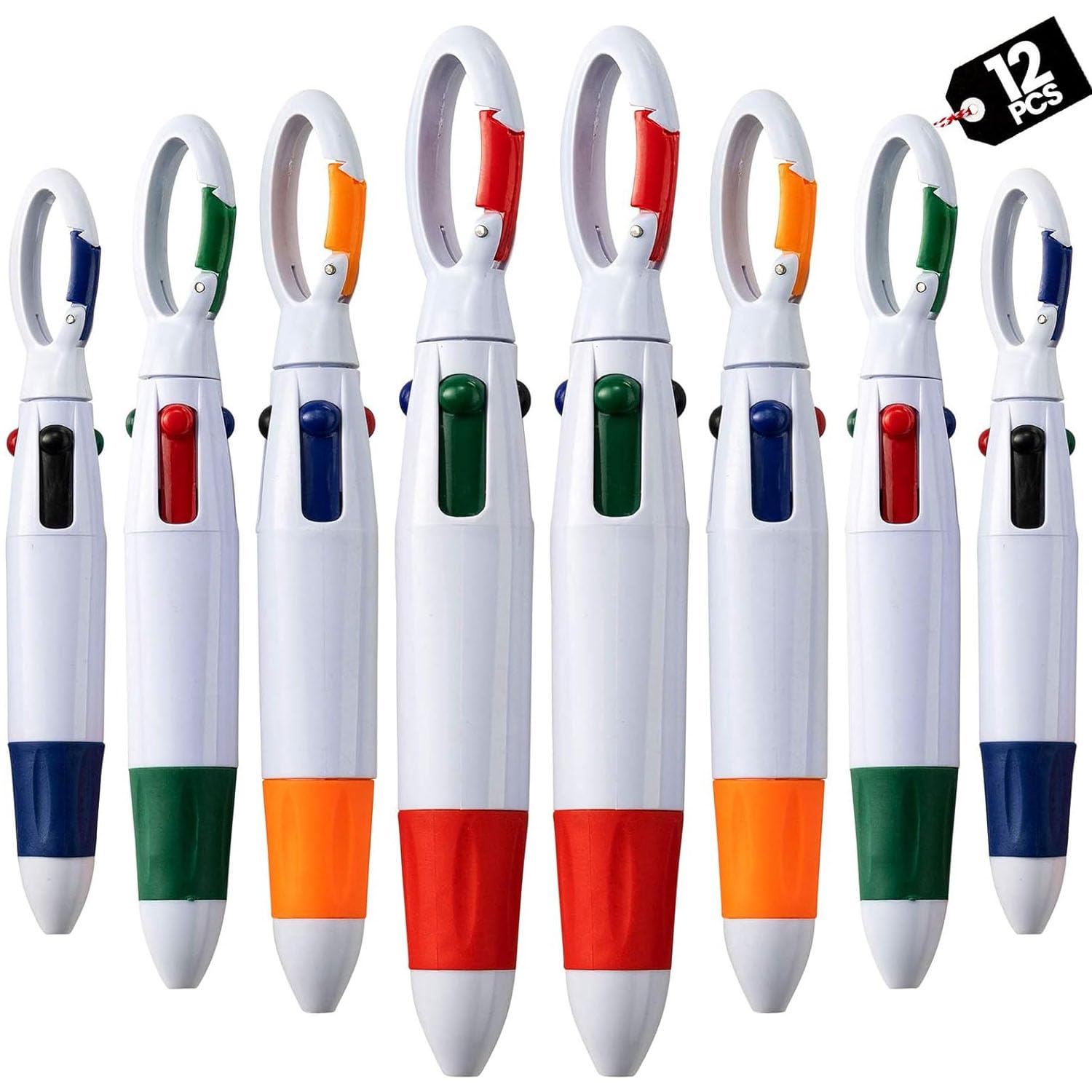 Joyzzz Multicolor Ballpoint Pen, 12 Pieces Retractable Shuttle Pens 4 Neon Color in One Ballpoint Pen with Buckle Clip on Top Multi-Color Carabiner Keychain for Office, School, Party Favors