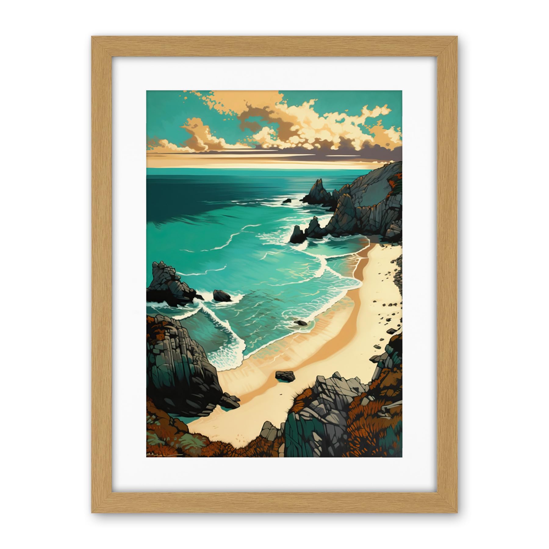 Artery8 Porthcurno Sandy Beach Cliffs Coastal Landscape Artwork Framed Wall Art Print 18X24 Inch