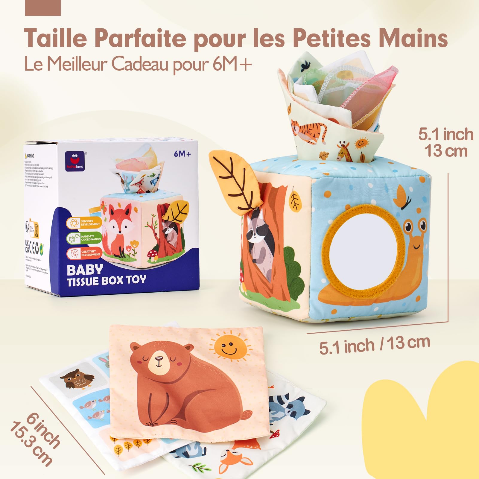 hahaland Jouet Bébé Boîte à Mouchoirs 6 Mois Jouet Sensoriels Montessori Aves Papiers Froissés et Boîte à Tissus, Jouets D'Éveil Bébé avec Miroir, Cadeau pour Fille Garcon 3 6 9 12 Mois