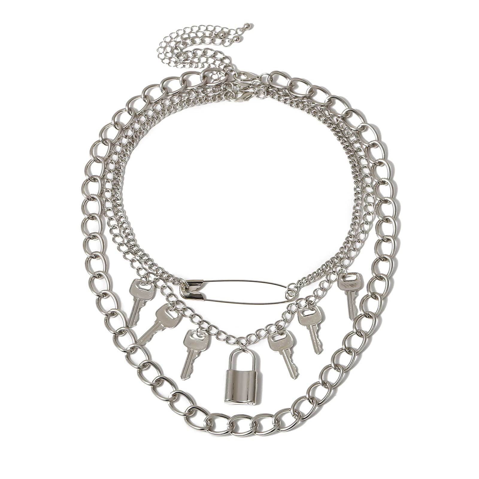 3-5Pcs Punk Layered Key Lock Chunky Chain Choker Necklace Set Gothic Stacking Safety Pin Spike Rivet Collar Necklace for Men Women Hip Hop Rock Cool Adjustable Bar Party Jewelry