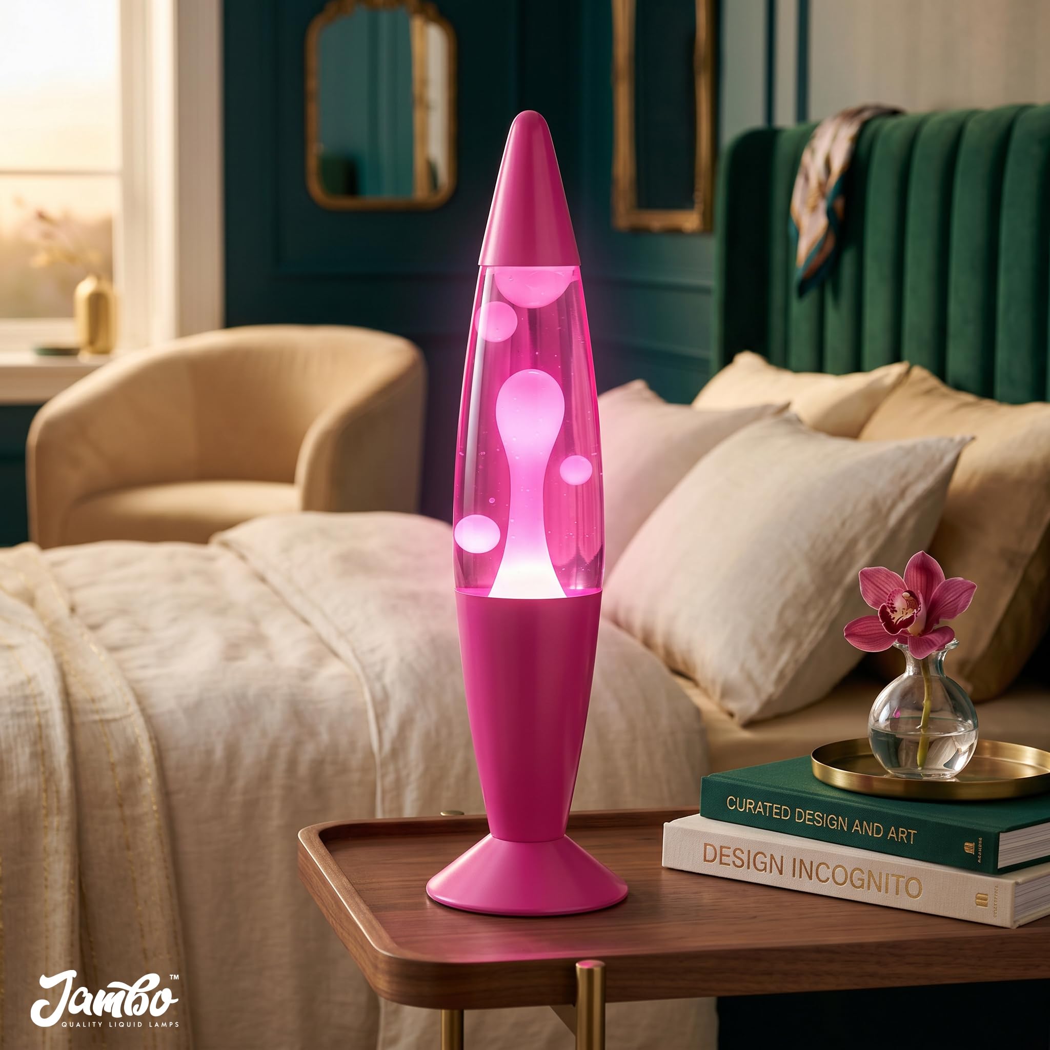 Jambo Lámpara líquida con flujos de cera como lava, lámparas frías, luces nocturnas para niños, adultos, adolescentes (16 pulgadas, base rosa, líquido rosa, cera blanca)