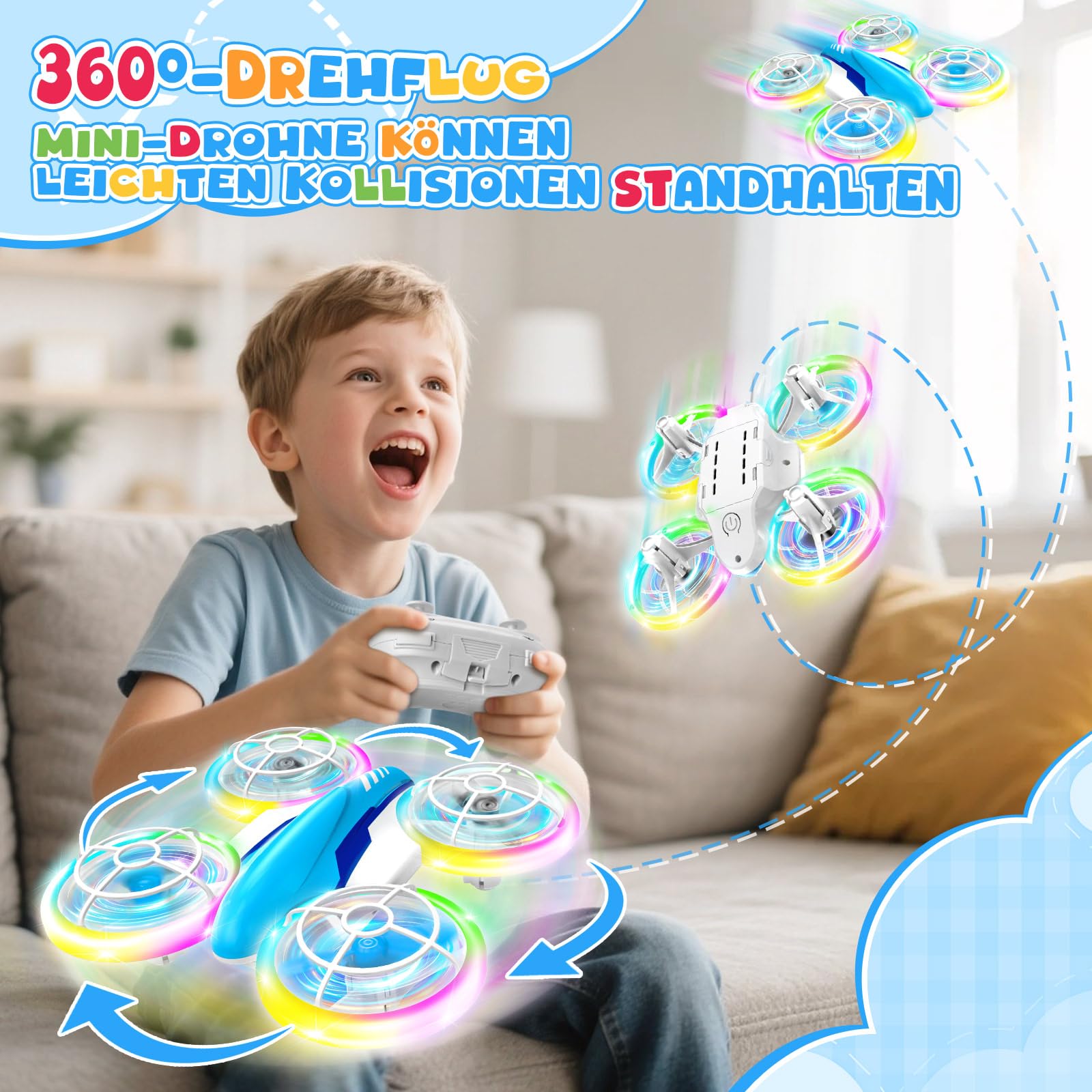 YIKANWEN Dron RC para Niños de 6 a 14 Años con Luces LED, Vuelo en 360° y Aterrizaje con Una Tecla - Juguete de Cuadricóptero para Niños y Niñas