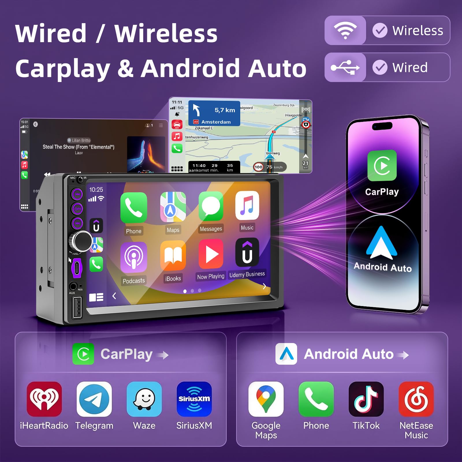 Autoradio 2 DIN mit Wireless CarPlay und Android Auto, 7 Zoll Touchscreen Bildschirm, Bluetooth Freisprecheinrichtung, FM Radio, Mit Rückfahrkamera, Typ-C, Mirror Link, Lenkradsteuerung