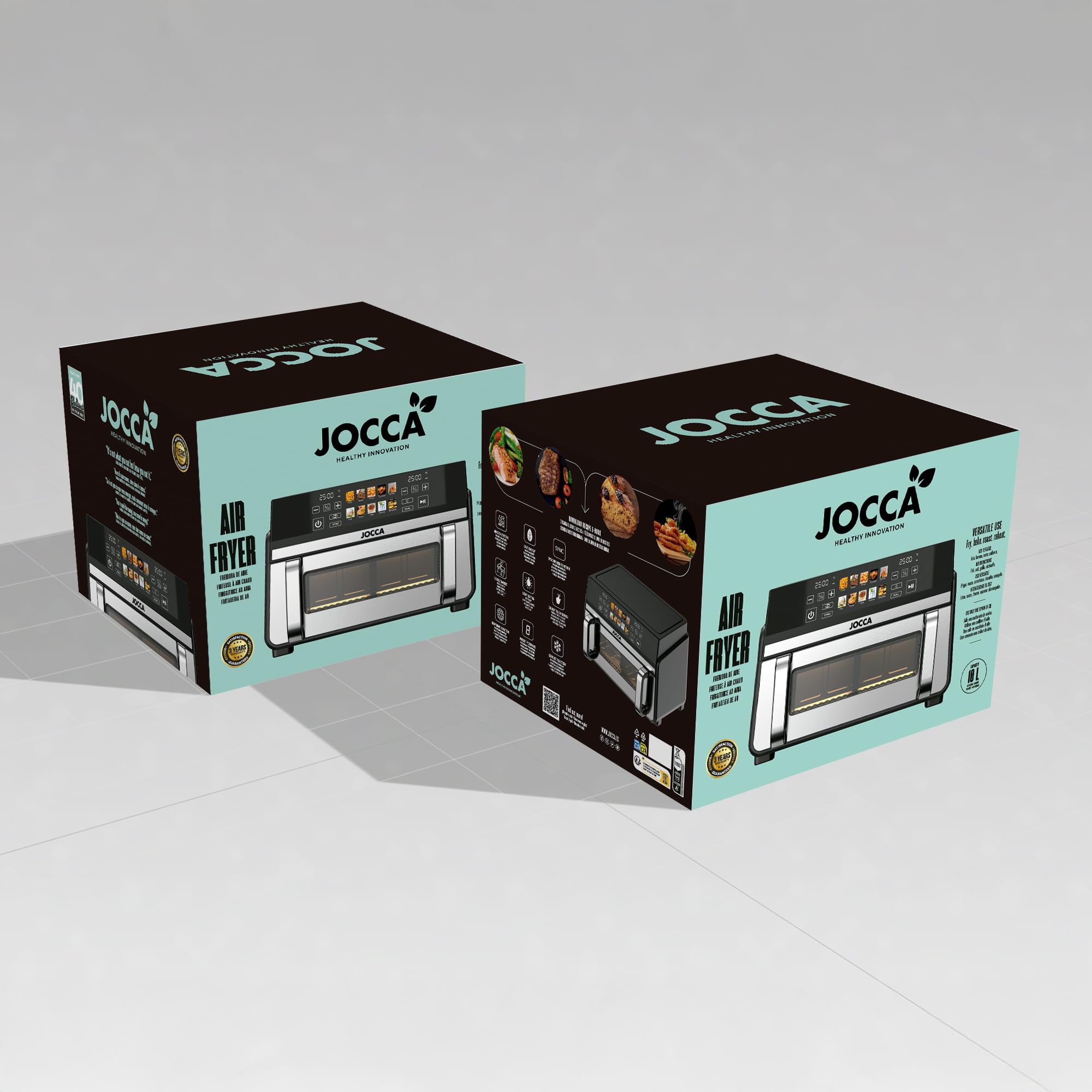 JOCCA - Freidora de Aire 10 Litros con Sistema Dual, Doble Resistencia, 2200W, 8 Programas, Función Sync, Temperatura de 80º a 200º, Temporizador, Ventana, Pantalla Táctil