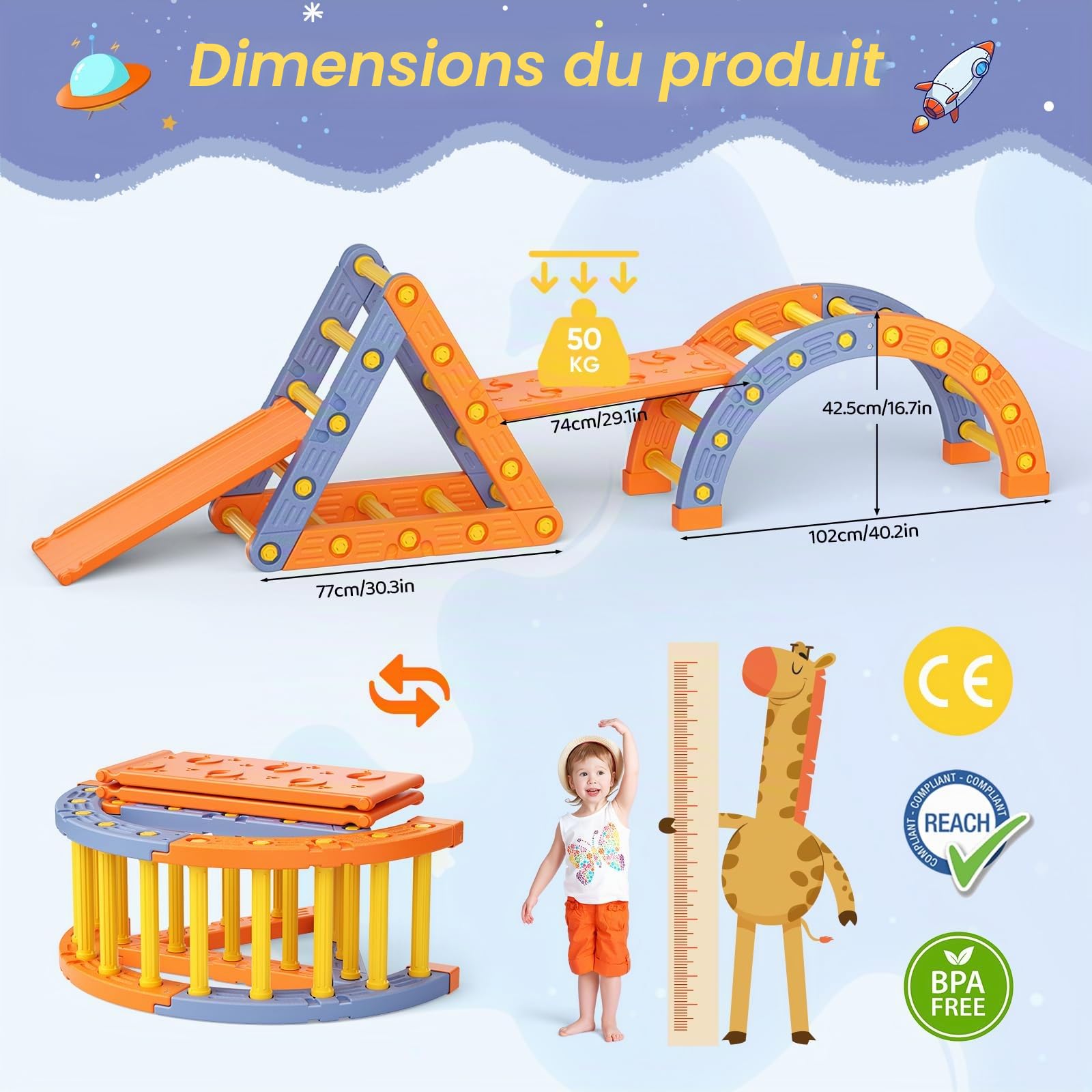 Portique d'escalade pour Tout-Petits, échelle d'escalade trépied en Plastique pour Enfants, Jeu d'escalade Montessori d'intérieur (trépied, Arche, échelle et Toboggan)