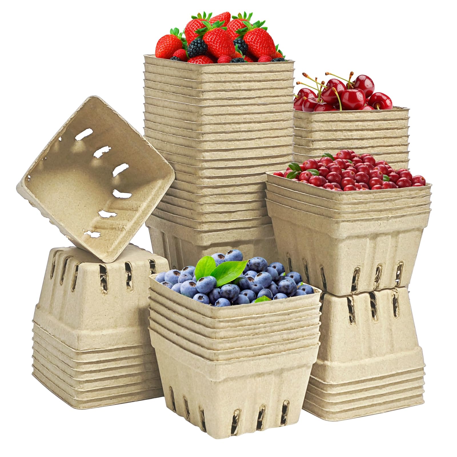 60 Pack Natural Pulp Fiber Berry Basket,Small Molded Produce Vented Basket