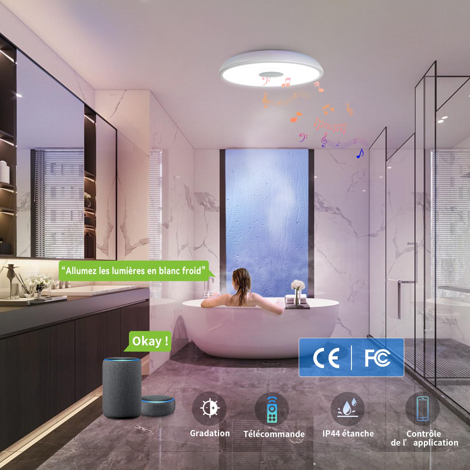 AIHONKON Smart Waterproof LED Flush Mount Ceiling Light Fixture,11 inch 18W,with Bluetooth Speaker,RGB Color Changing Function- Dimmable Lamp,Tuya Application Control-Compatible with Alexa Google Home - Image 2