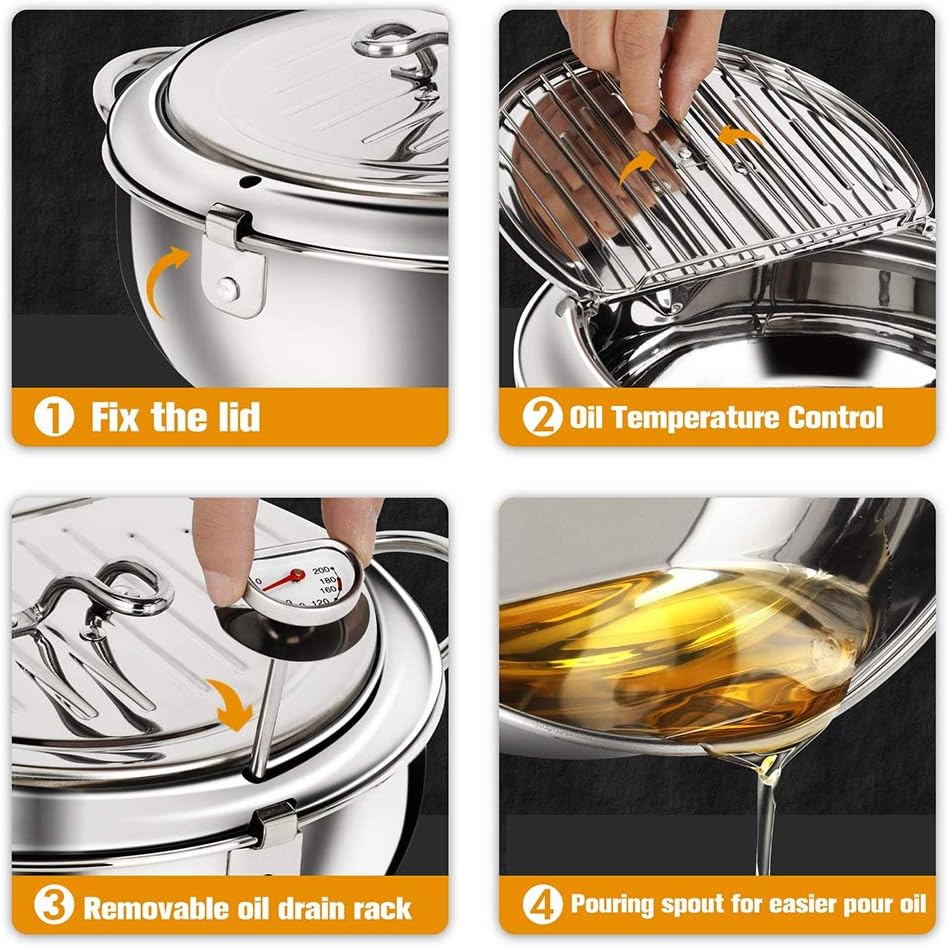 WSHA Japanese Style Tempura Fryer Pot Stainless Steel Deep Oil Fryer with Thermometer and Food Tongs, Diameter 9.5 inch/ 24 cm