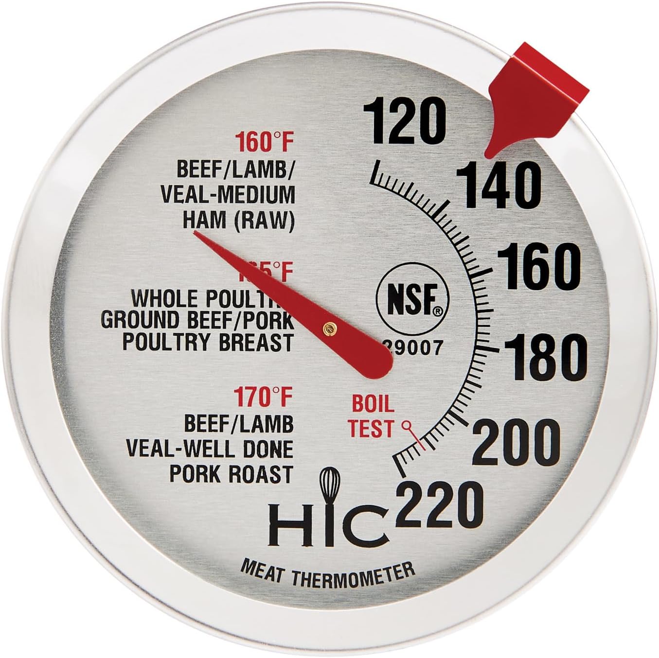HIC Kitchen Roasting Meat Thermometer, Oven Safe, Large 2-Inch Easy-Read Face, Stainless Steel Stem and Housing
