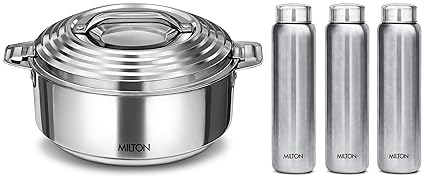Milton Galaxia 1500 Insulated Casserole, 2090 ml, Silver & Milton Aqua 1000 Water Bottle, 950 ml Each, Set of 3, Silver