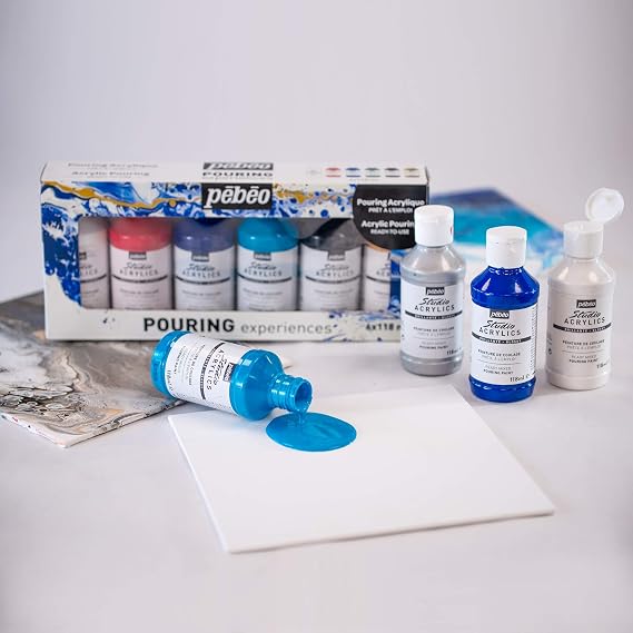 Pebeo Acrylic Pouring Paint Starter Kit - Art and Painting Supplies, Ready-To-Pour Fluid Medium, 118 Milliliter Bottles, Set of 6 Assorted Colors