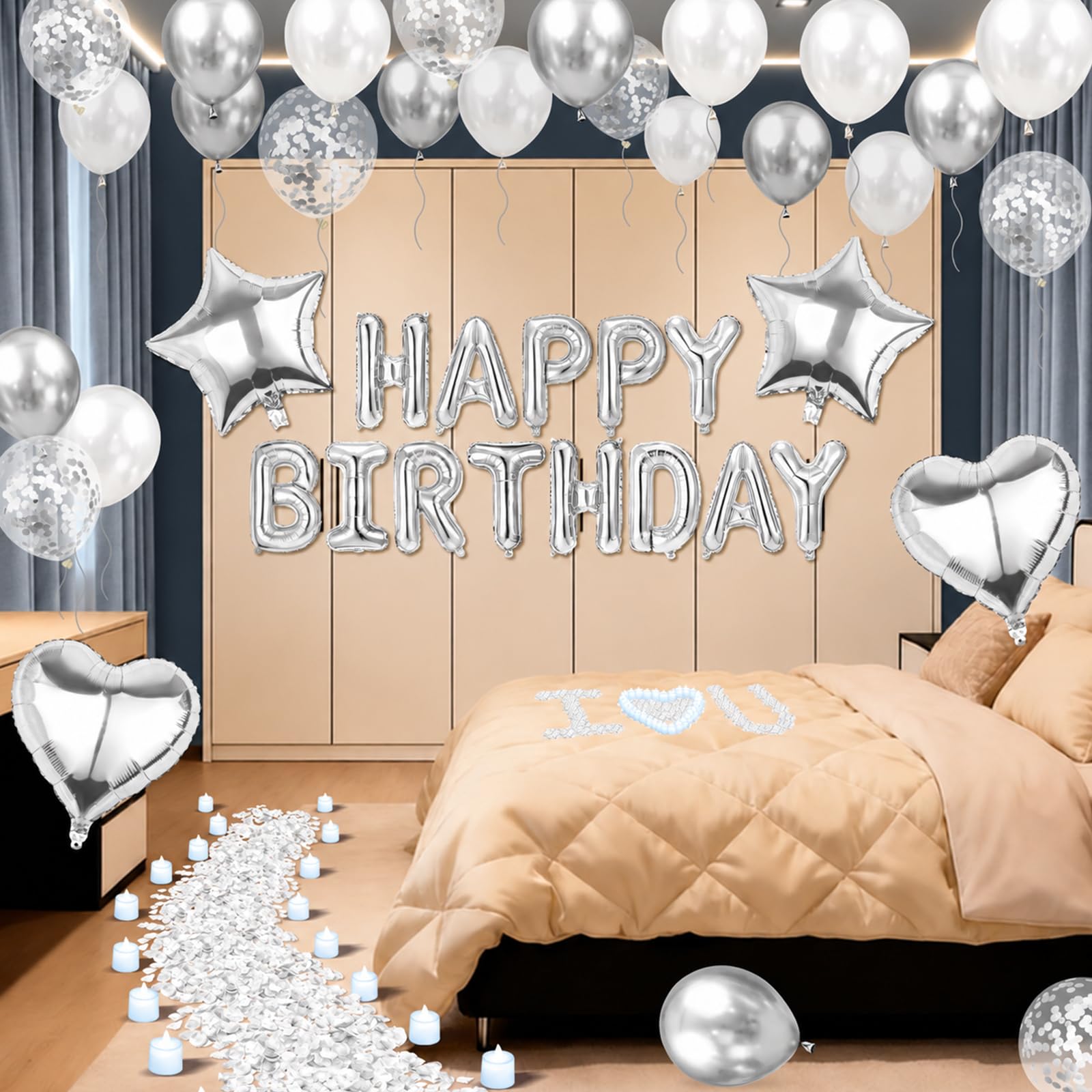 Globos plateados de feliz cumpleaños, decoración de globos de cumpleaños blancos y plateados con 6 globos de estrella, 400 pétalos de rosa artificiales, 24 velas LED sin llama para decoración de