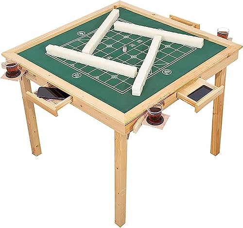 Mesas de mahjong plegables de madera, mesa cuadrada de juego de cartas de dominó para 4 jugadores con fieltro verde y portavasos, mesa mahjong para