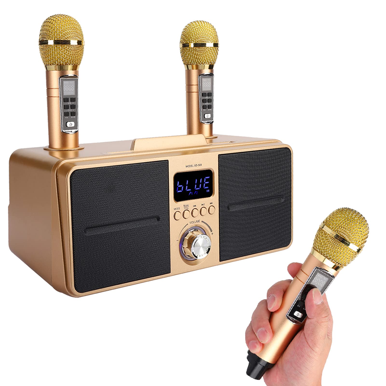 ASHATA Tragbares Karaoke-Mikrofonsystem-Set, mit Dual-Wireless-Mikrofon, Bluetooth 4.2, Speicherkarte, AUX, USB-Flash-Disk für Heim-Karaoke, Meeting, Party, Kirche Usw.(Gold)