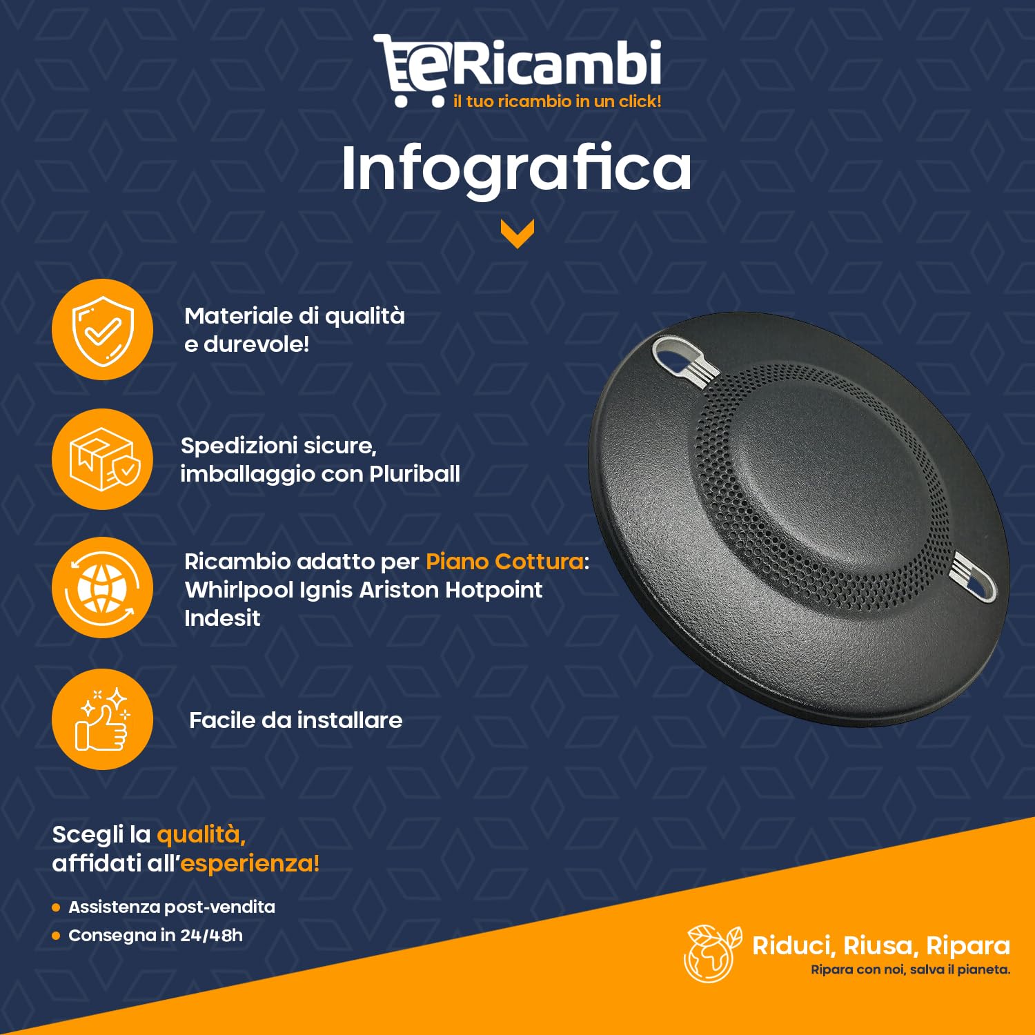 eRicambi® Cappellotto Spartifiamma Rapido per Piano Cottura compatibile con Ariston Indesit Hotpoint Whirlpool Scholtes - Dimensioni: 157mm - Modelli 7HPK644DGHXHA, 7HPK755DGHXHA e altri