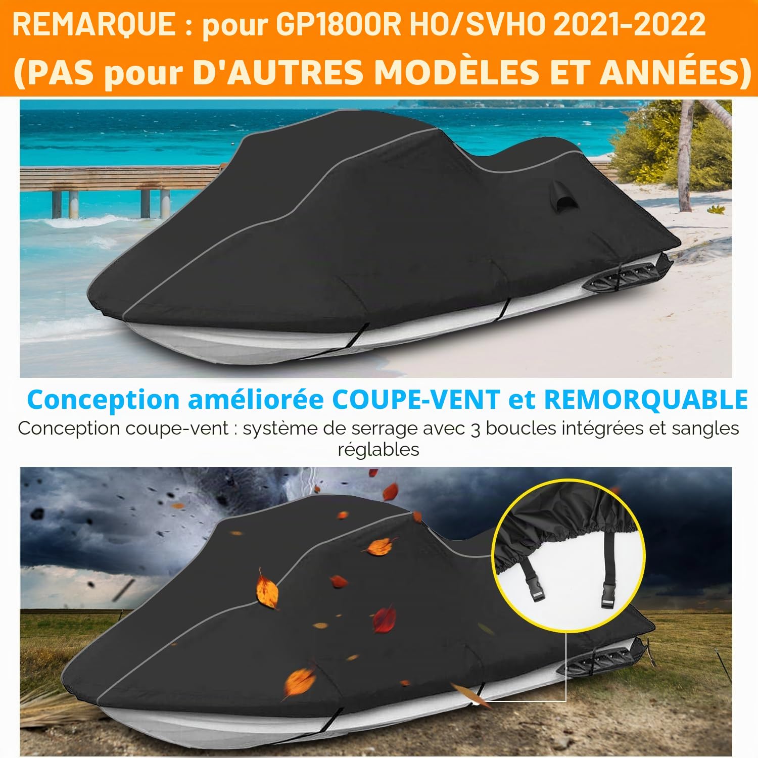 Housse de Jet Ski Compatible avec Yamaha Wave Runner GP1800R modèles 2021-2023 avec Protection UV 600D Oxford et Fermeture éclair étanche.