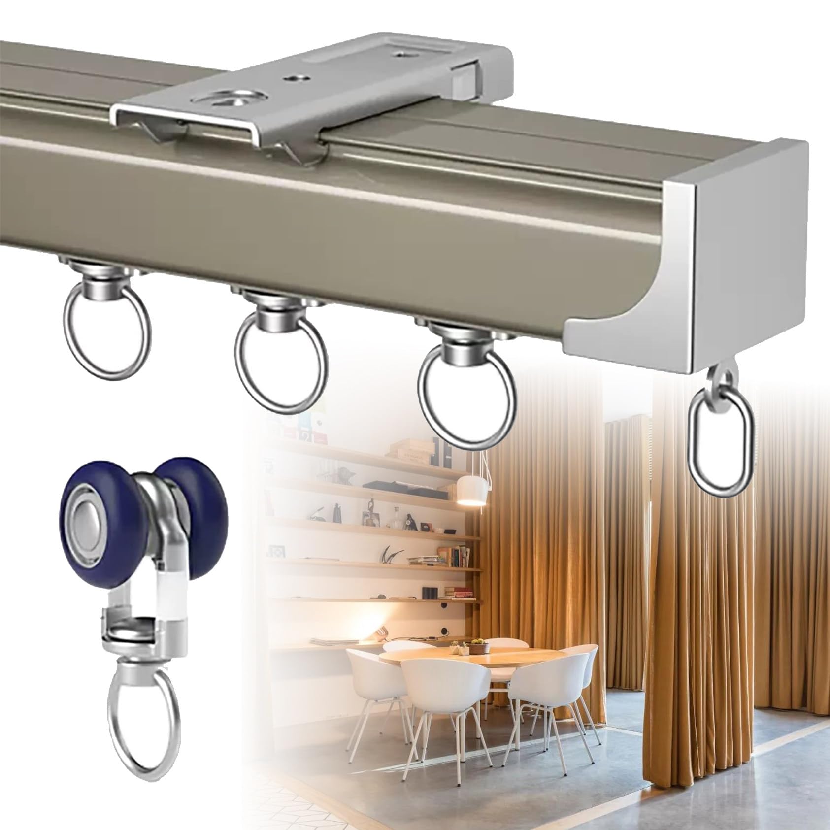 Riel divisor de habitación ajustable gris claro para colgar cortinas en techo o pared