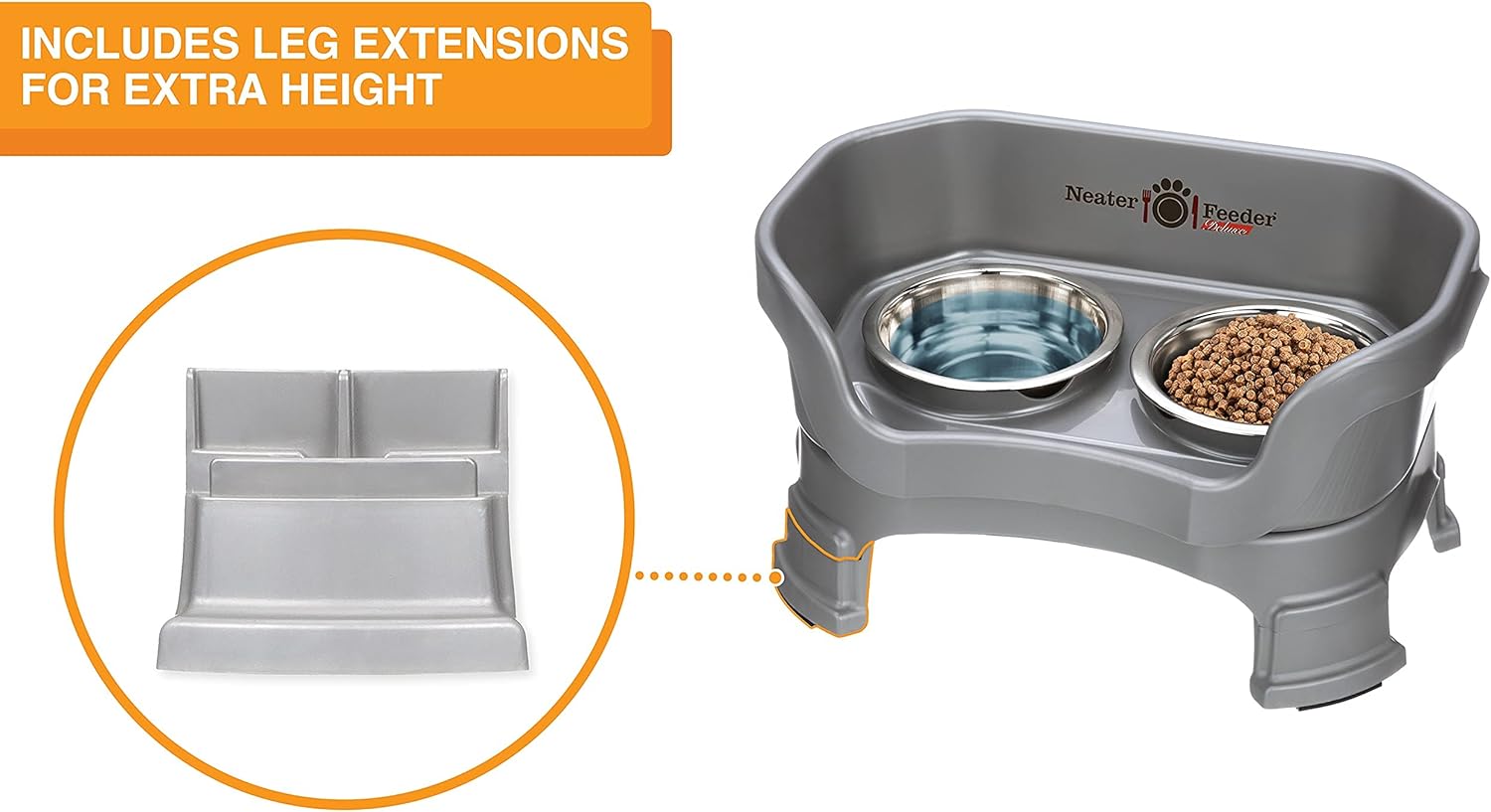 Neater Feeder Deluxe Mess-Proof Elevated Cat Bowls, 2 Height Adjustable (6” & 7.5”) No-Spill Raised Cat Bowl Stand, Whisker Friendly Stainless Steel Dishes for Indoor Cats, Made in USA, Grey