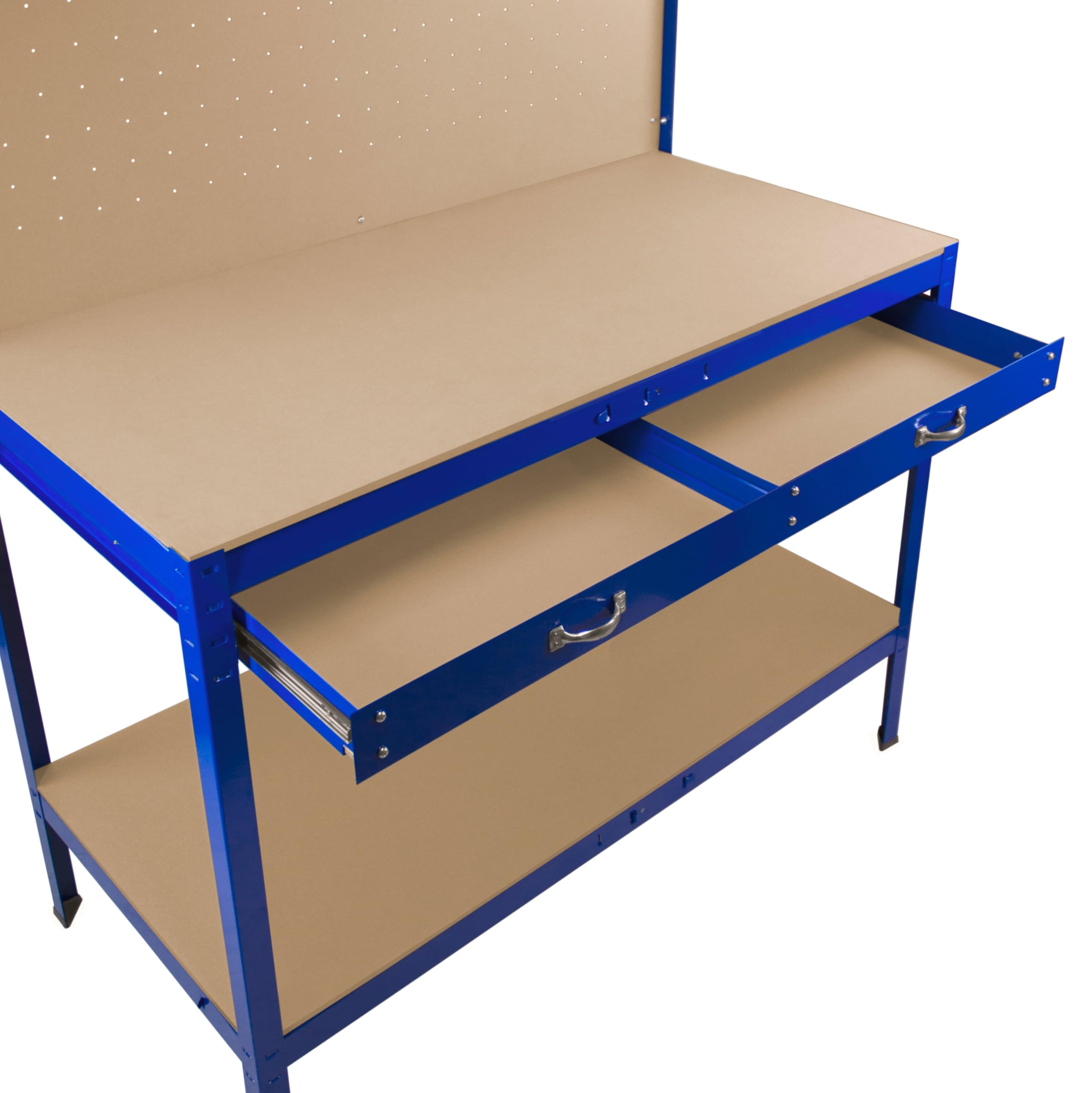 Banco de Trabajo Azul con Tablero de Clavijas,Cajón+Luz LED, Mesa de Trabajo Estantes Taller Garaje Bricolaje Almacenamiento Herramientas Capacidad Peso 370kg | 40 Ganchos+Mazo de Goma | 60x155x120cm