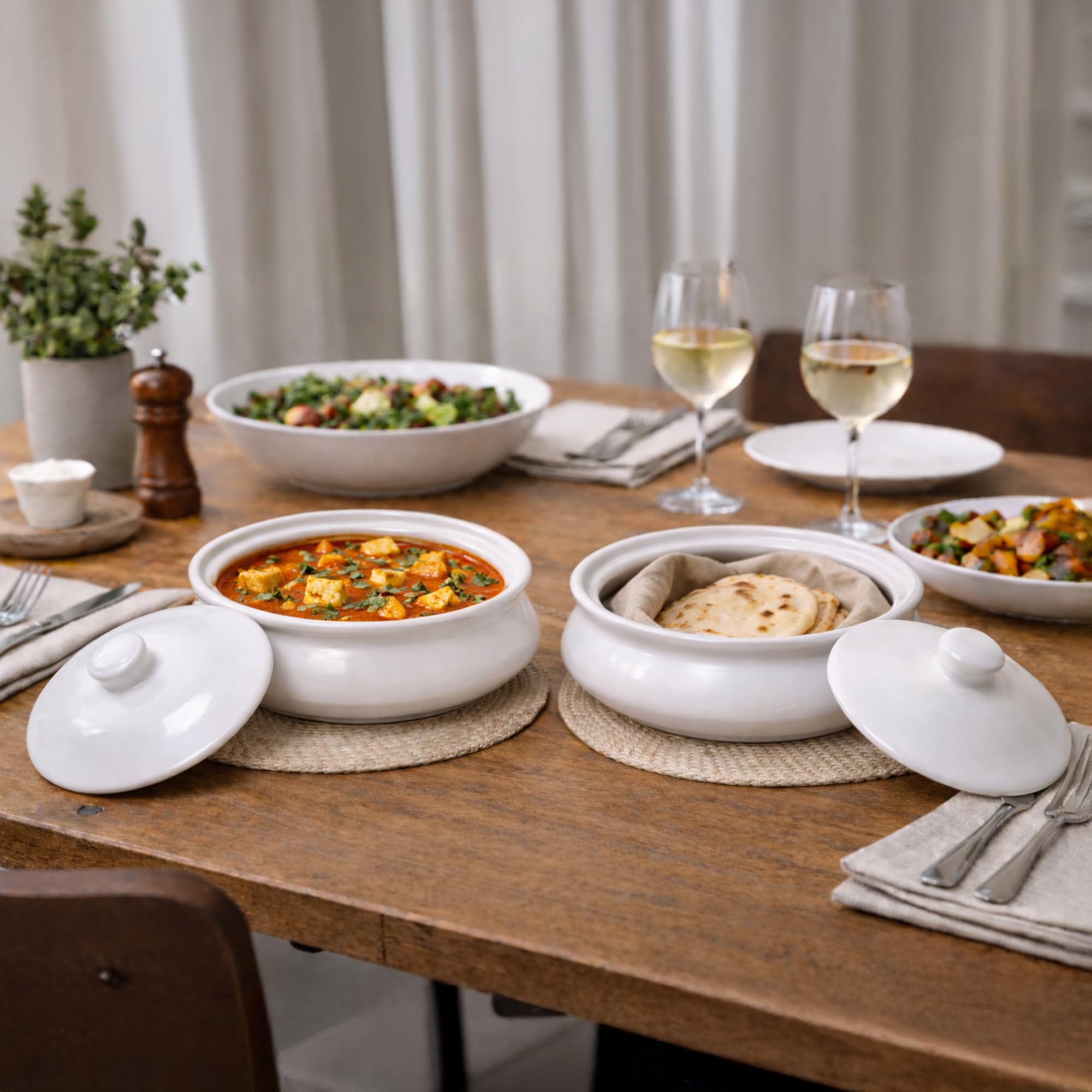 KALAKRITI 700 ml Microwave Safe Glossy White Ceramic Donga with Lid | Wide Shallow Serving Bowl for Dal, Curry, Sabzi, Rice | Dishwasher & Freezer Safe Tableware for Home, Cafe, Restaurant (Pack of 2)-image-39