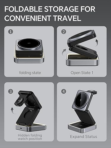 Miniatura 6 de Cargador inalámbrico 3 en 1 para iPhone y Apple Watch, estación de carga inalámbrica plegable con luz nocturna para cargador magnético de viaje