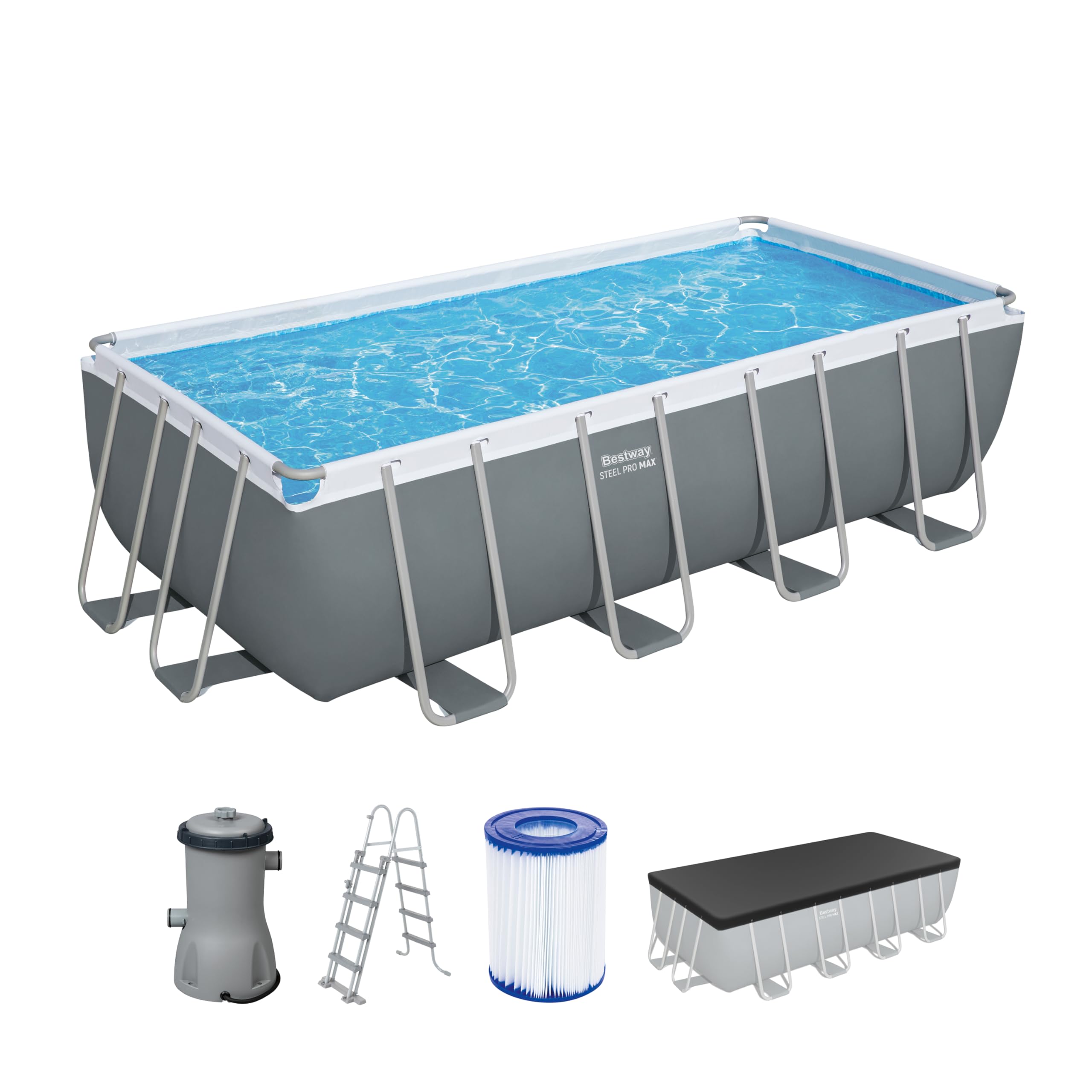 Bestway Steel Pro MAX Frame Pool Komplett-Set, 488 x 244 x 122 cm, 11.532 Liter, 3-lagiges TriTech-Material, Filterpumpe 3.028 l/h, Sicherheitsleiter, Abdeckplane, Grau, Fliesenmosaik-Optik