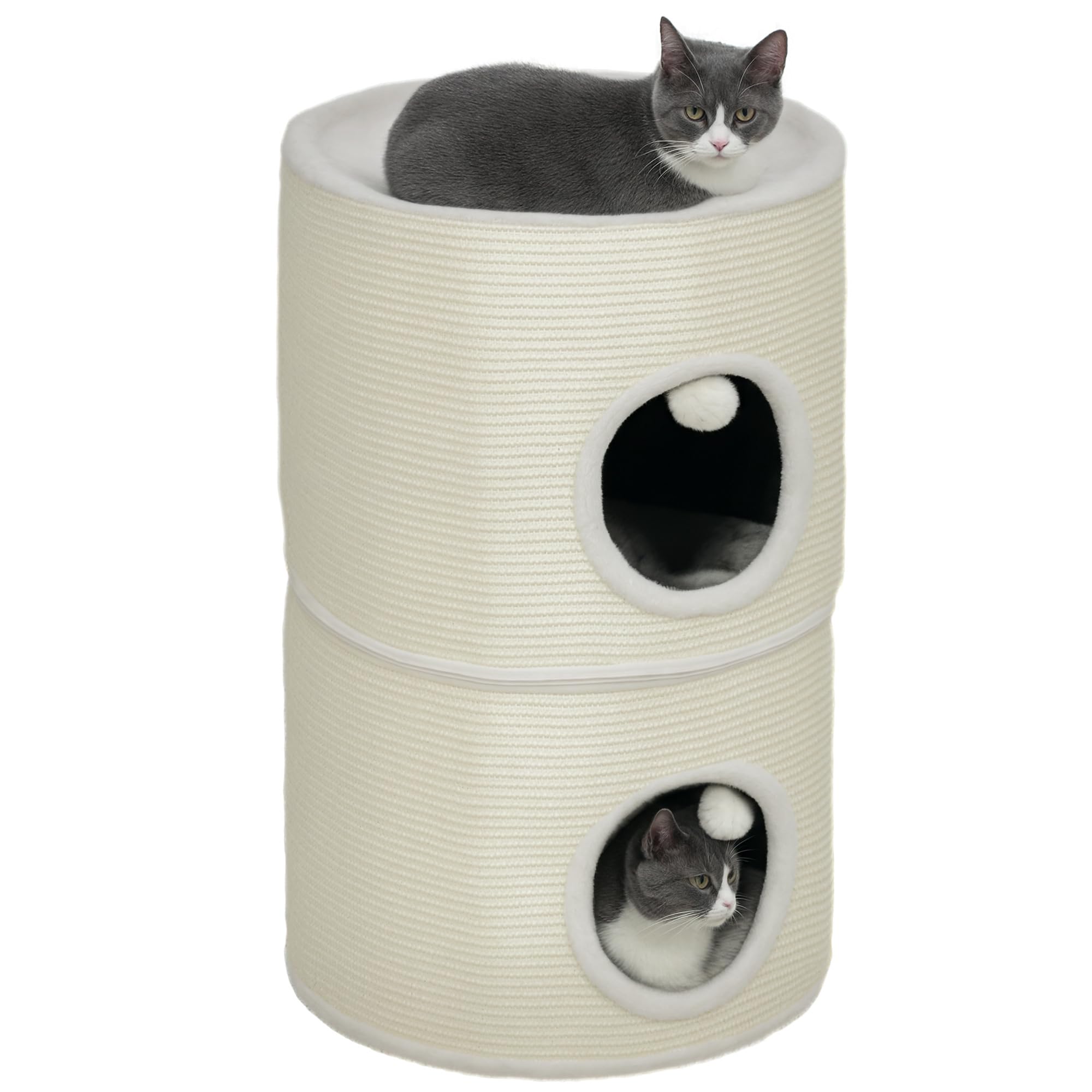 PawHut Kratztonne, 69 cm Hoch Katzentonne Teilbare Kratzbaum mit 2 Höhle, Spielball, Katzenturm, Katzenturm für Katzen bis 5 kg, Cremeweiß