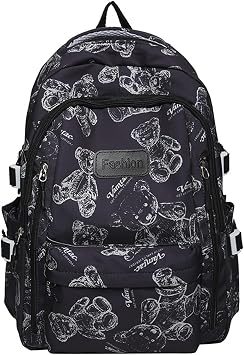 Printed Bear Backpack for Girls Large Capacity Aesthetic Cute Nylon Backpack,Kawaii Travel Casual Daypack with Pattern Black
