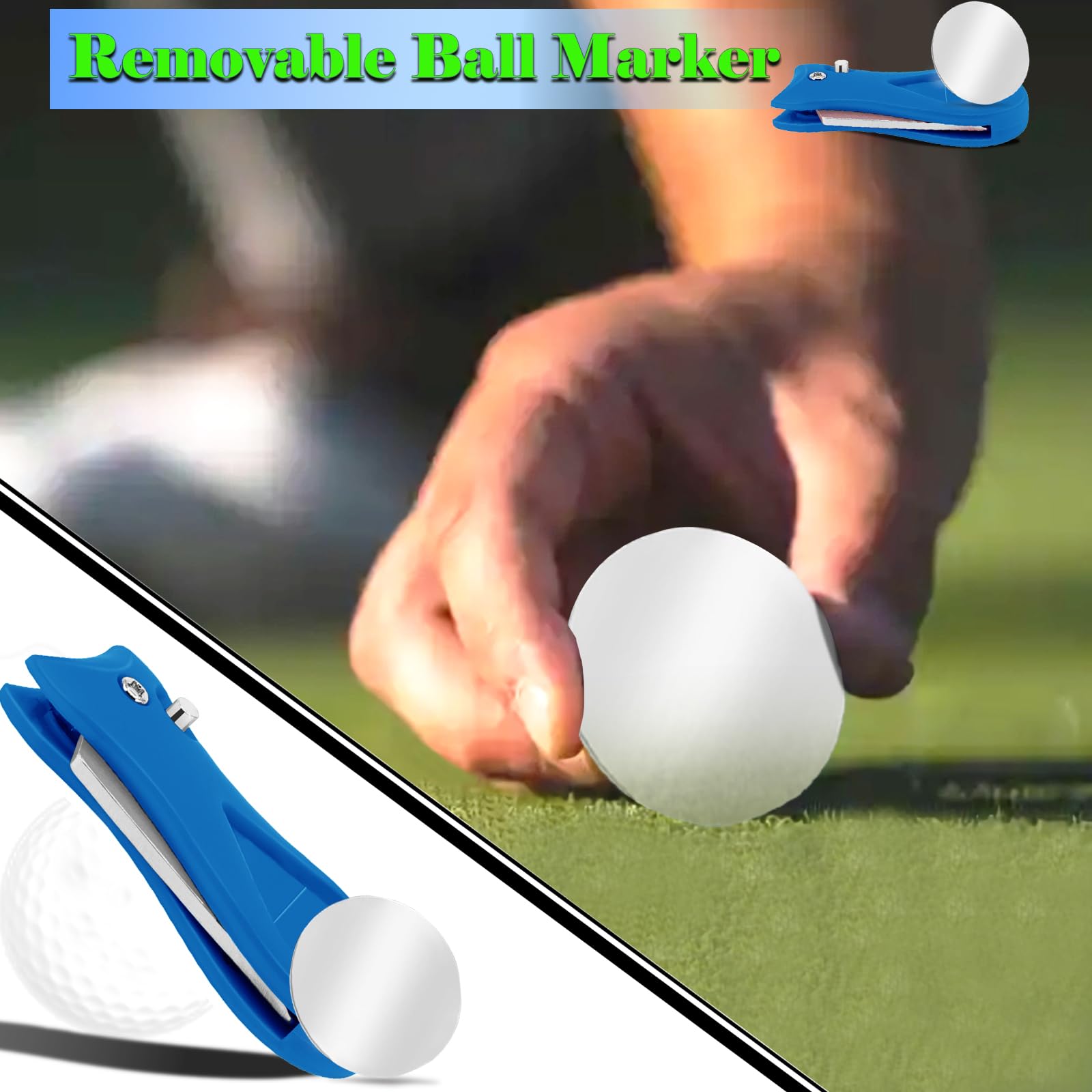 Herramienta plegable de divot de golf, paquete de 2 herramientas de reparación de acero inoxidable con botón desplegable y marcador de bola magnético para hombres y mujeres golfistas (azul)