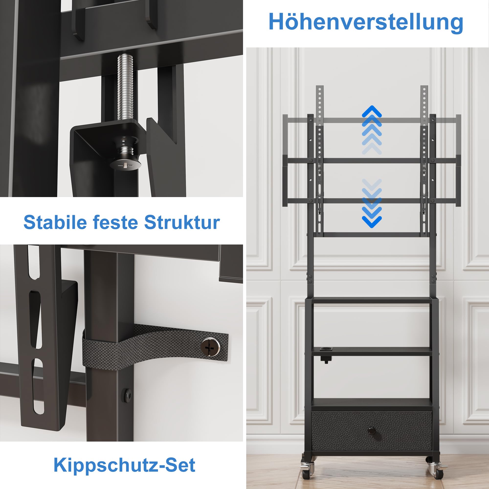 rollbarer TV-Ständer mit Halterung und Steckdosen, Schwarz | Integrierte Ladestation, höhenverstellbar, 4 Rollen, Stoffschublade, kratzfest, leicht zu reinigen