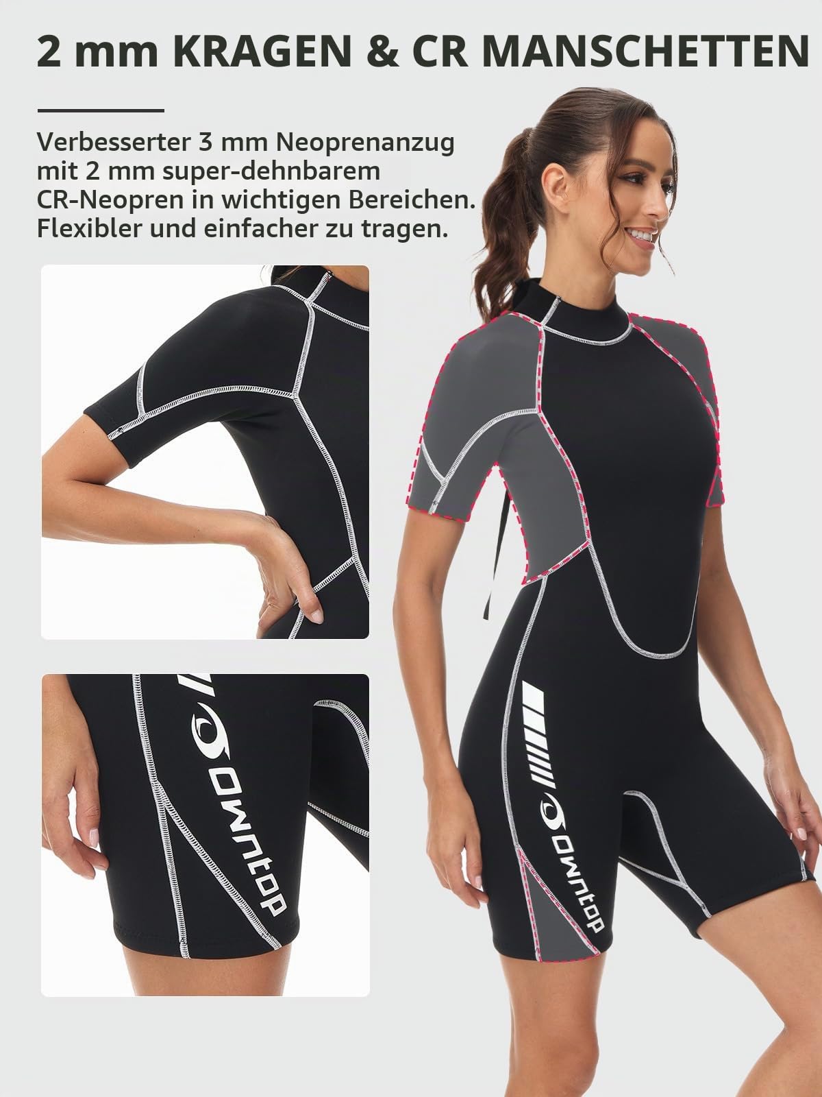 Owntop 3/2mm Shorty Neoprenanzug Damen - Rückenreißverschluss Wetsuit zum Tauchen Surfen, Kurzarm Tauchanzüge Stretch Neopren für Wassersport, Damen Schwarz L