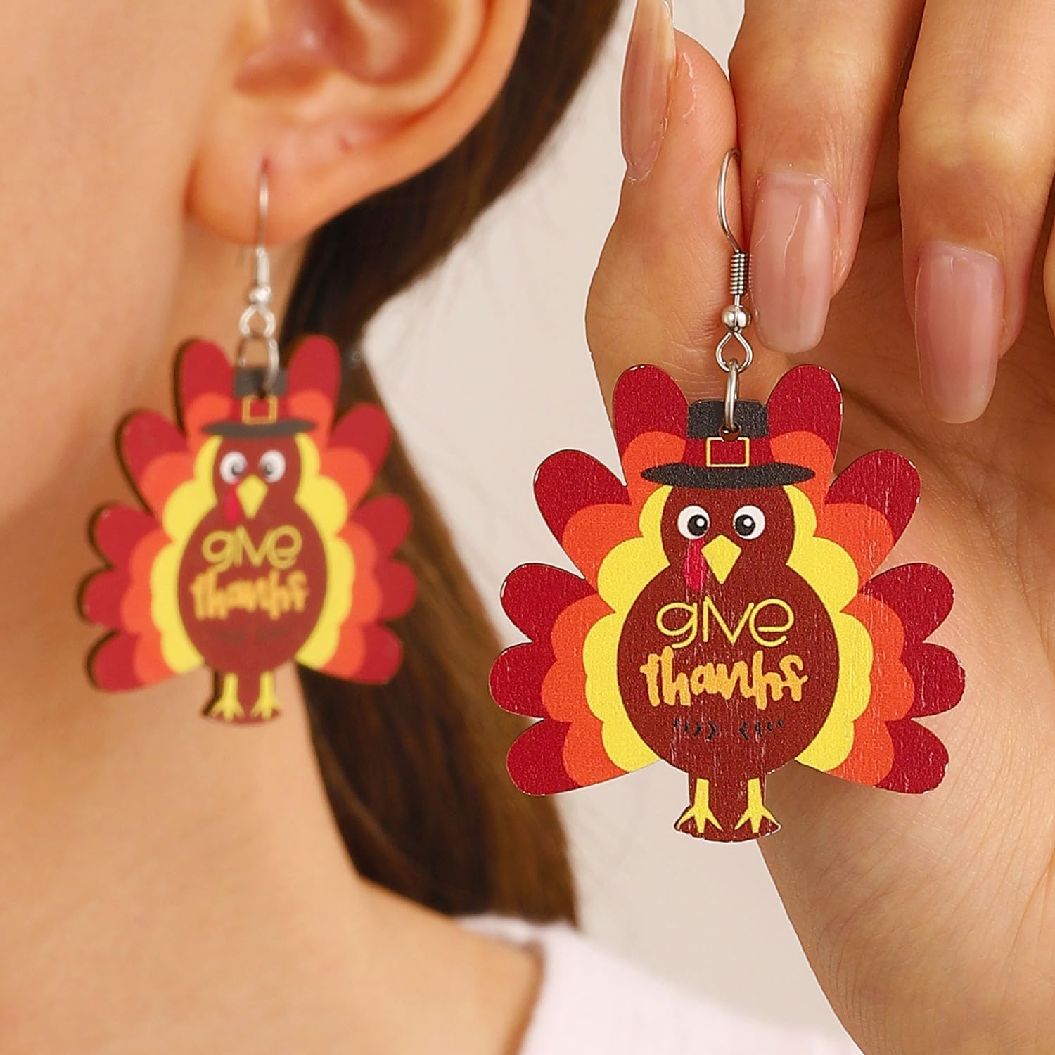 Thanksgiving Turkey Dangle Earrings Wooden Turkey Teardrop Earrings Fall Earrings for Women Autumn Jewelry - Image 2