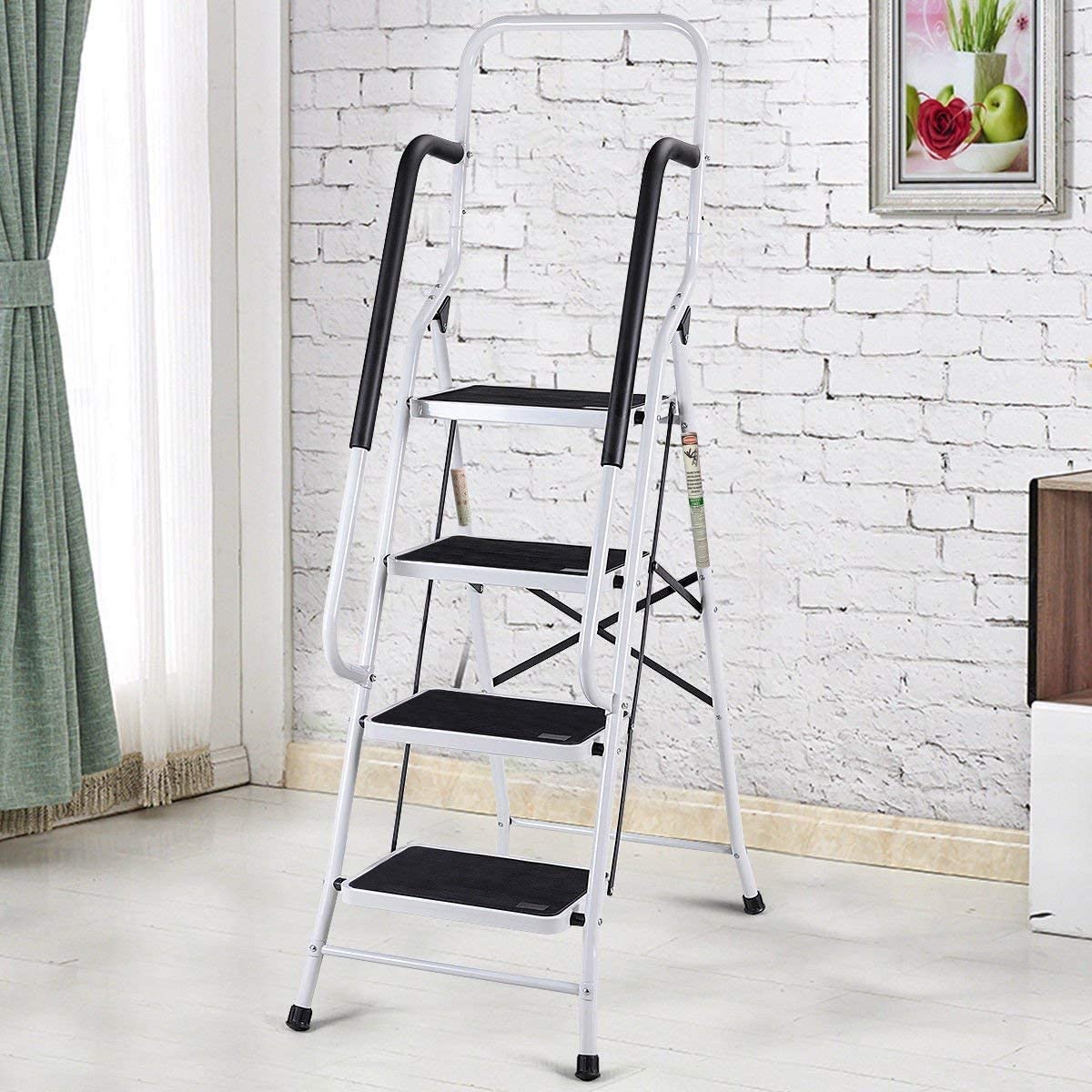 Escabeau de ménage avec main courante et tapis antidérapant - Pliable - Pour la maison, la cuisine, le jardin, le garage, l'entrepôt - 4 marches - Portable - Pliable et résistant