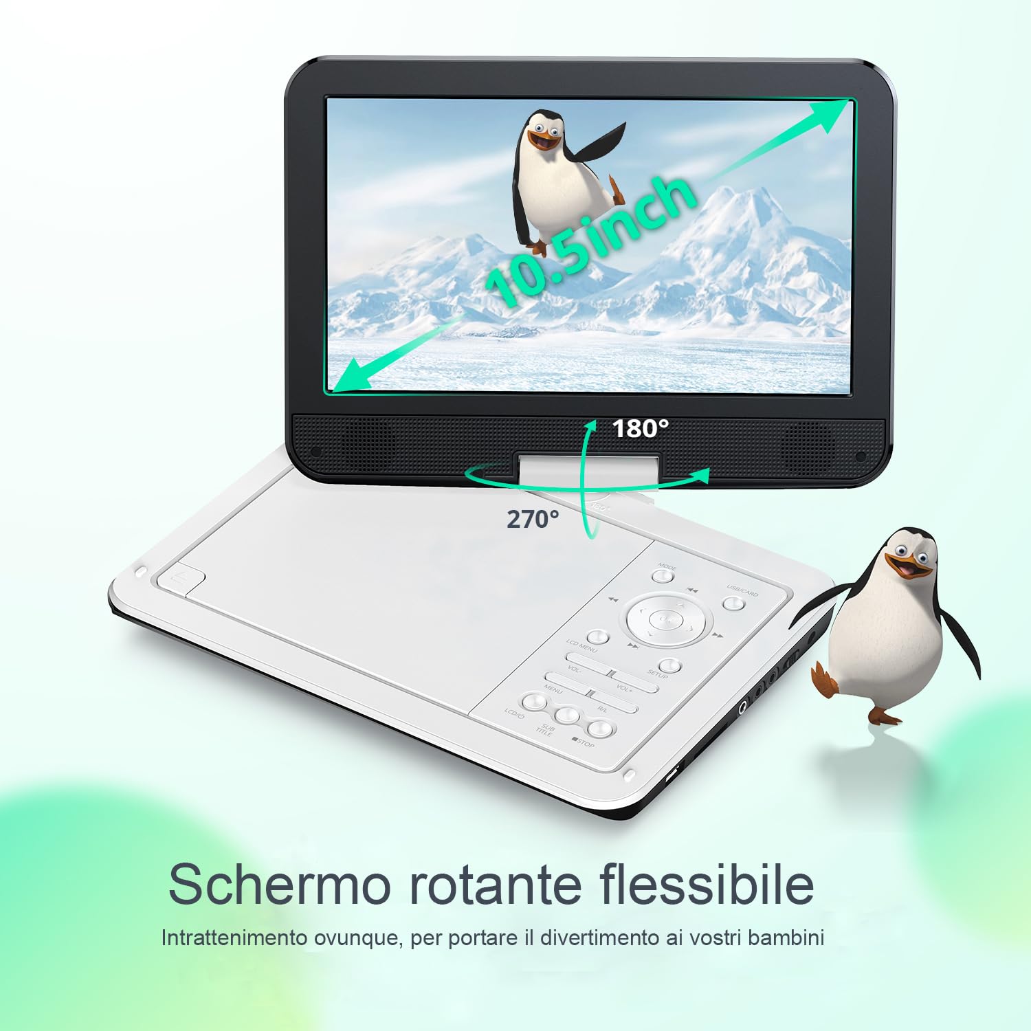 YOTON Lettore DVD Portatile 12,5" con Schermo Girevole HD da 10,5" per Auto e Bambini, con Caricatore per Auto, Supporta 6 Ore di Batteria Integrata e USB/scheda SD/sincronizzazione TV, Bianco