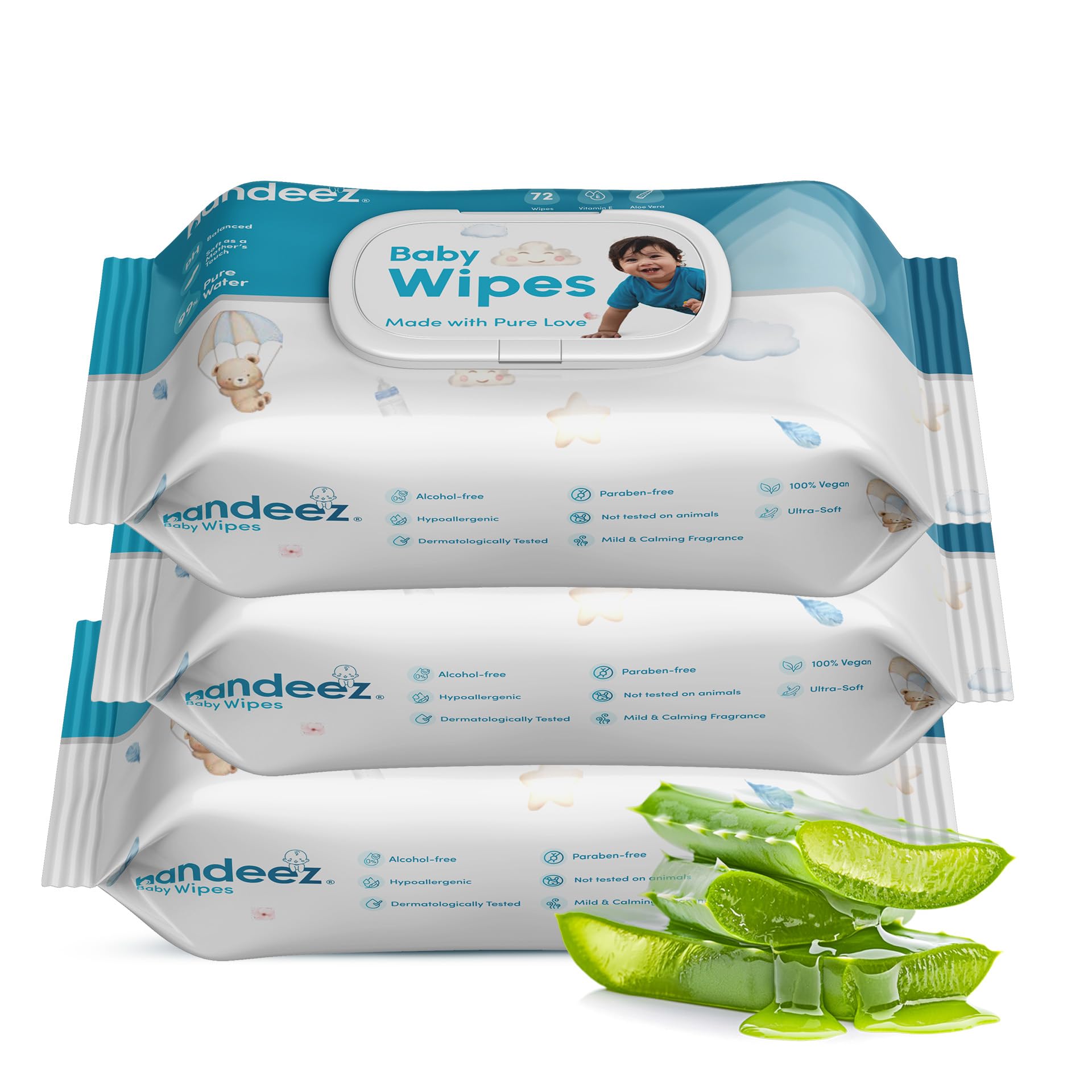 Baby Wipes with 99% Pure Water | Vitamin E & Aloe Vera | Unscented & Ultra Soft for Sensitive Skin | Free from Sulphates, Parabens & Alcohol 72 Count (Pack of 3)