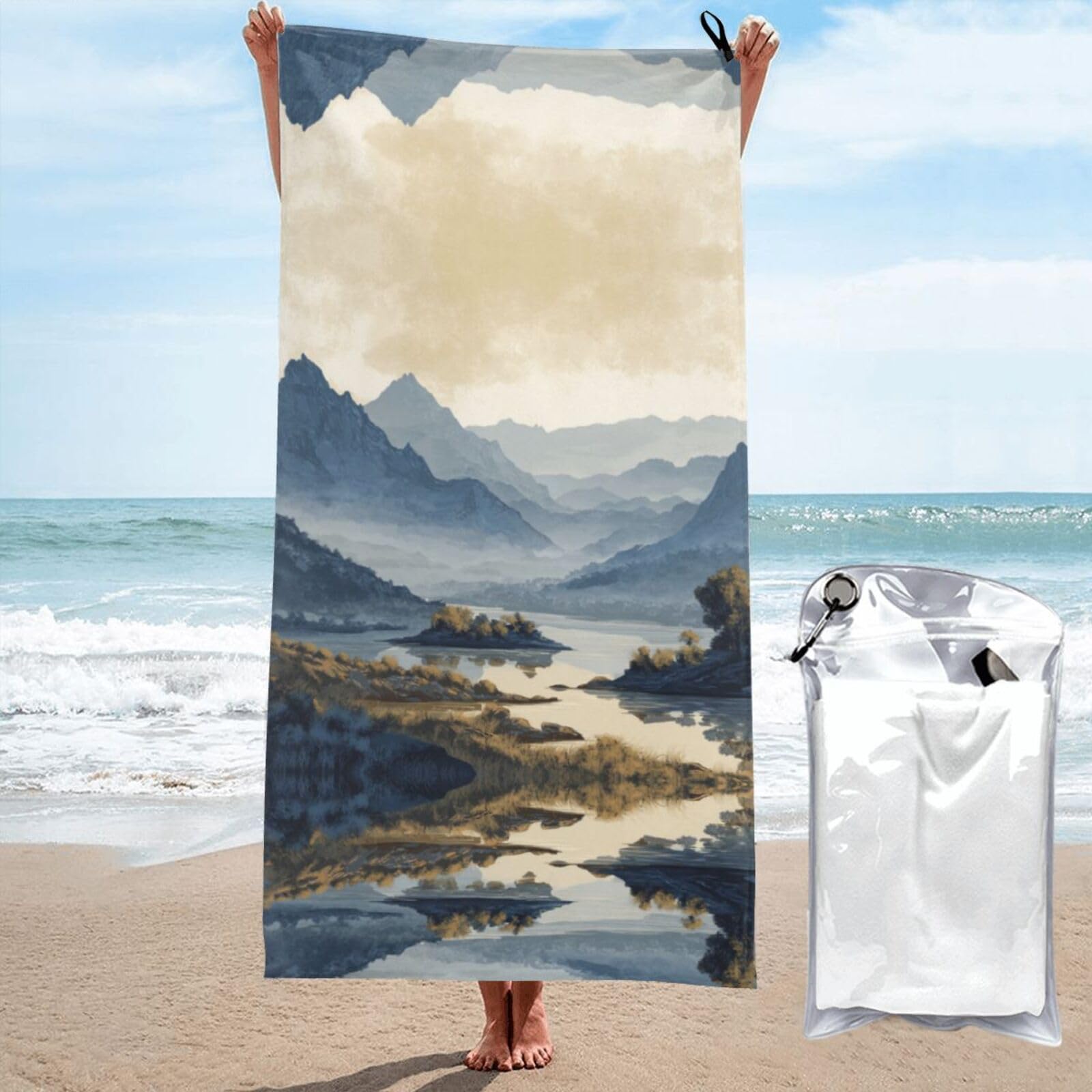 ESNAIUVCD Mountains And Rivers Print Beach Towel, Microfibre Sauna Towel, Quick-Drying Fitness Towel, Lightweight And Thin Portable Sauna Towel