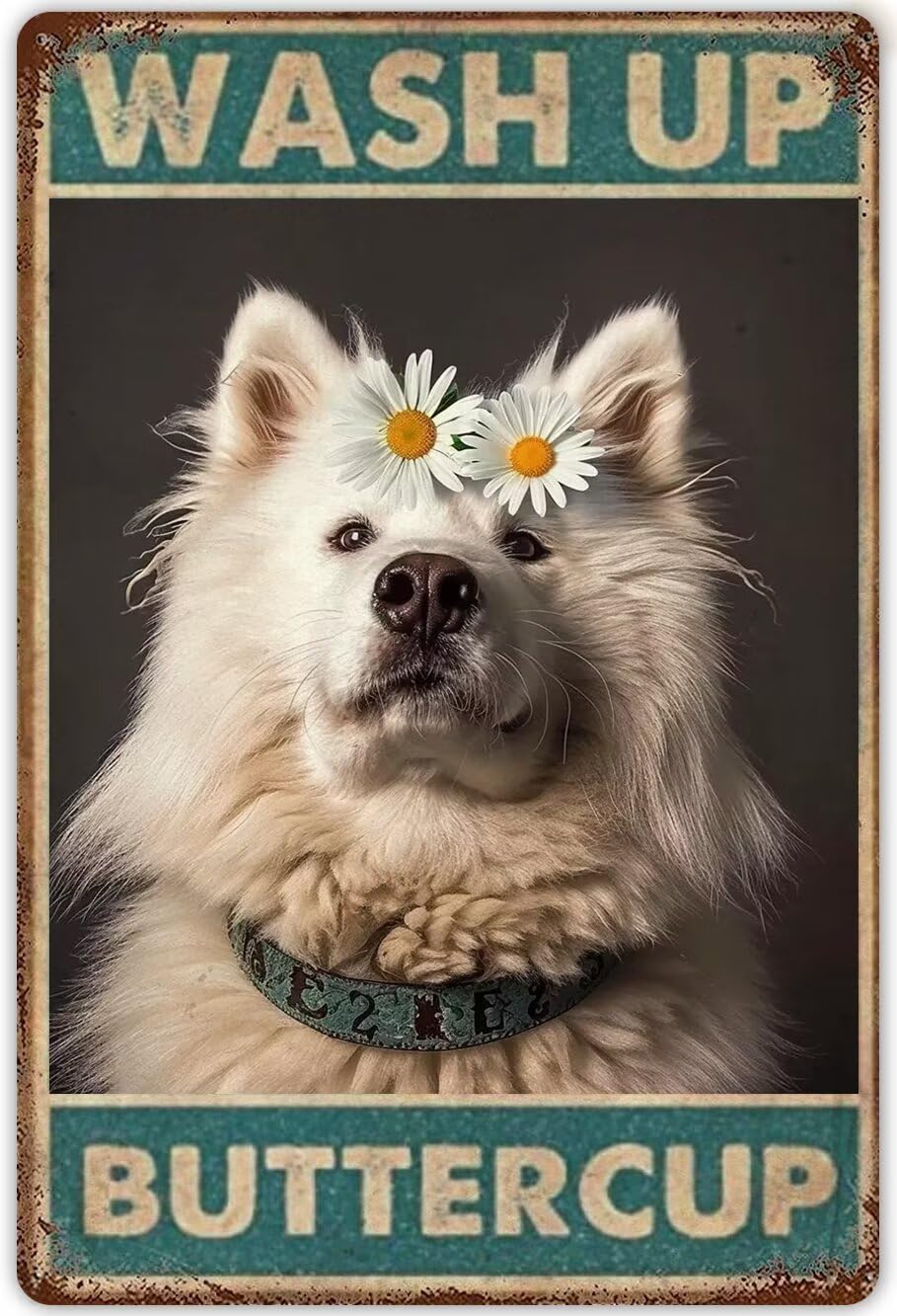 Anceky Samoyed Bathroom Wall Art Metal Poster Wash Up Buttercup Funny Dog Retro Metal Tin Signs Vintage Plaque Wall Decor For Home Kitchen Office Club Vintage Bathroom Decor 8x12 Inch