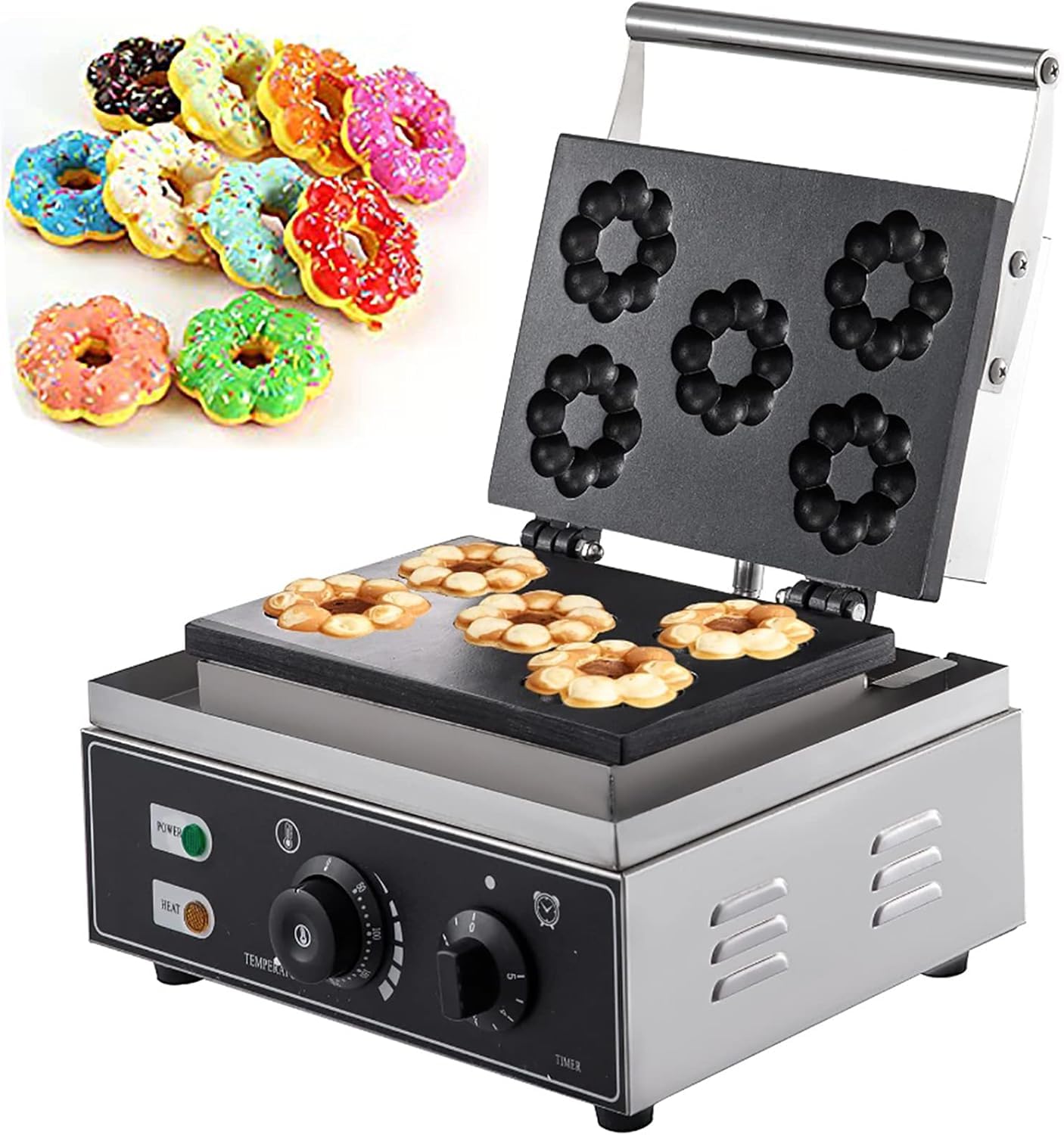 Máquina Comercial Antiadherente para Hacer donas y Waffles con Forma de Flor de Ciruelo, 5 Agujeros, Doble Cara, 1500 W, máquina eléctrica para Hacer donas para ho,