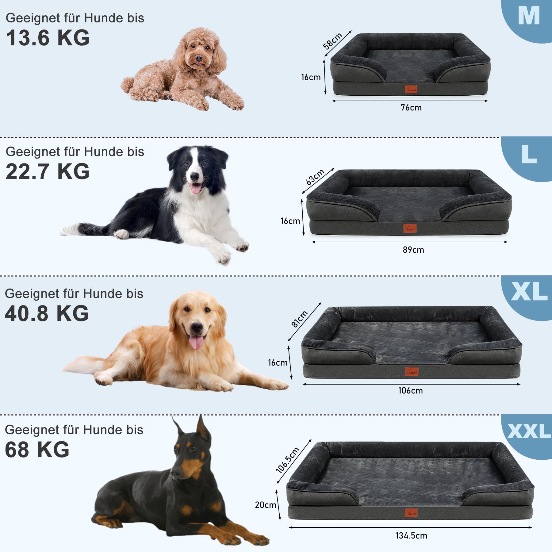 CALIYO Orthopädisches Hundebett für Kleine Hunde – 76×58×16 cm, Hundekissen aus umweltfreundlicher PP-Baumwolle, abnehmbar, waschbar, rutschfestes Hundesofa mit 3 Rändern（Dunkelgrau）