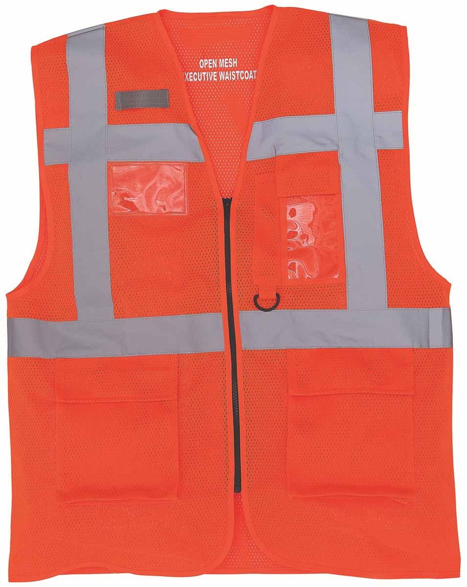 Workwear World WW156 Hi Vis Visibility Cool Open-Mesh Multi Pocket Executive Waistcoat Vest (Large, Orange)