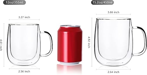Miniatura 3 de CNGLASS Tazas de café de vidrio de 12 onzas, juego de tazas aisladas de doble pared con asa, tazas de café de vidrio transparente para café con