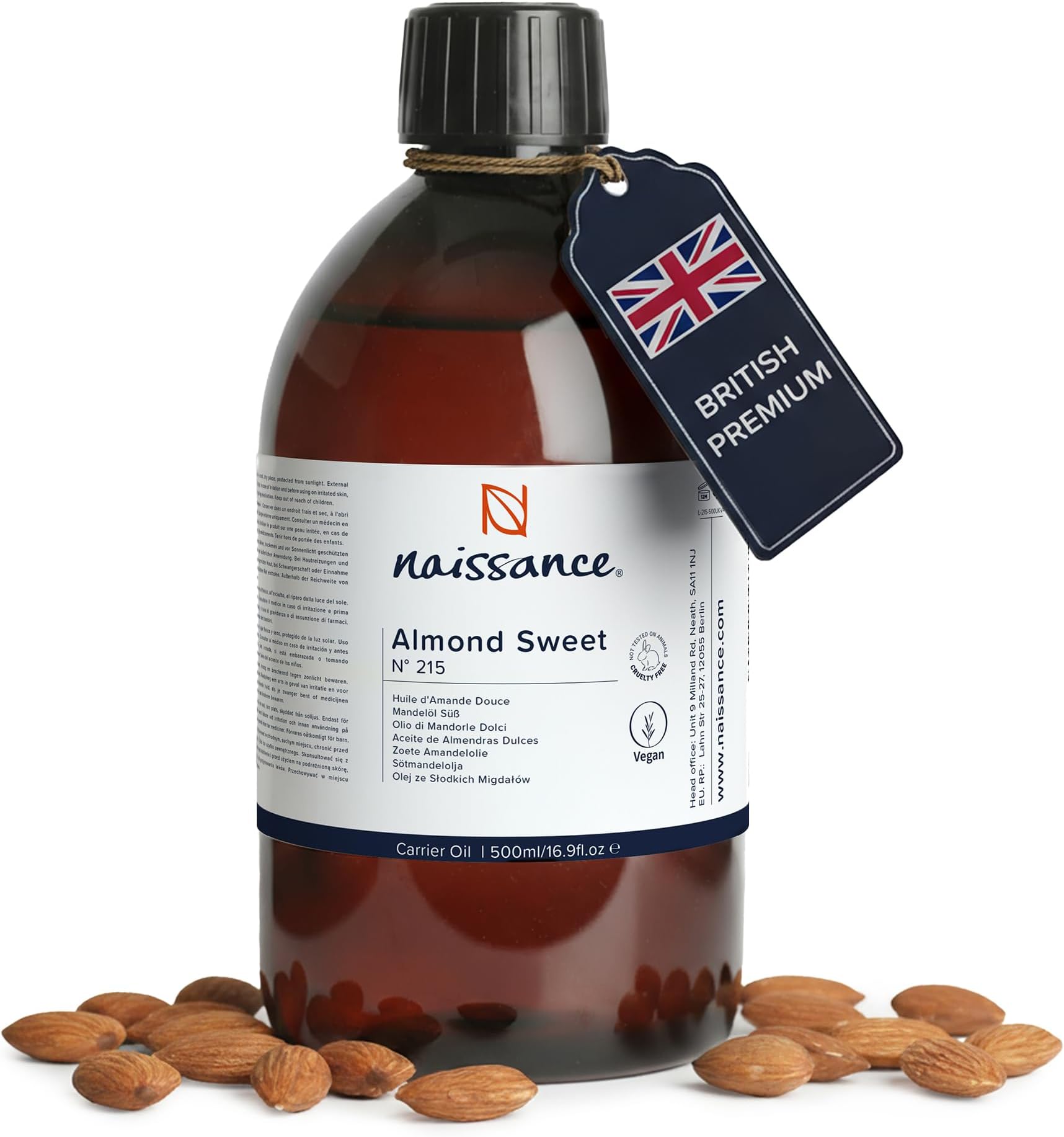 Naissance Sweet Almond Oil (no. 215) 500ml – For Skin, Hair, Massage, Nails, Cuticles, Ears, Face, Body, Stretch Marks - Natural Skin Care, Carrier Oil for Aromatherapy