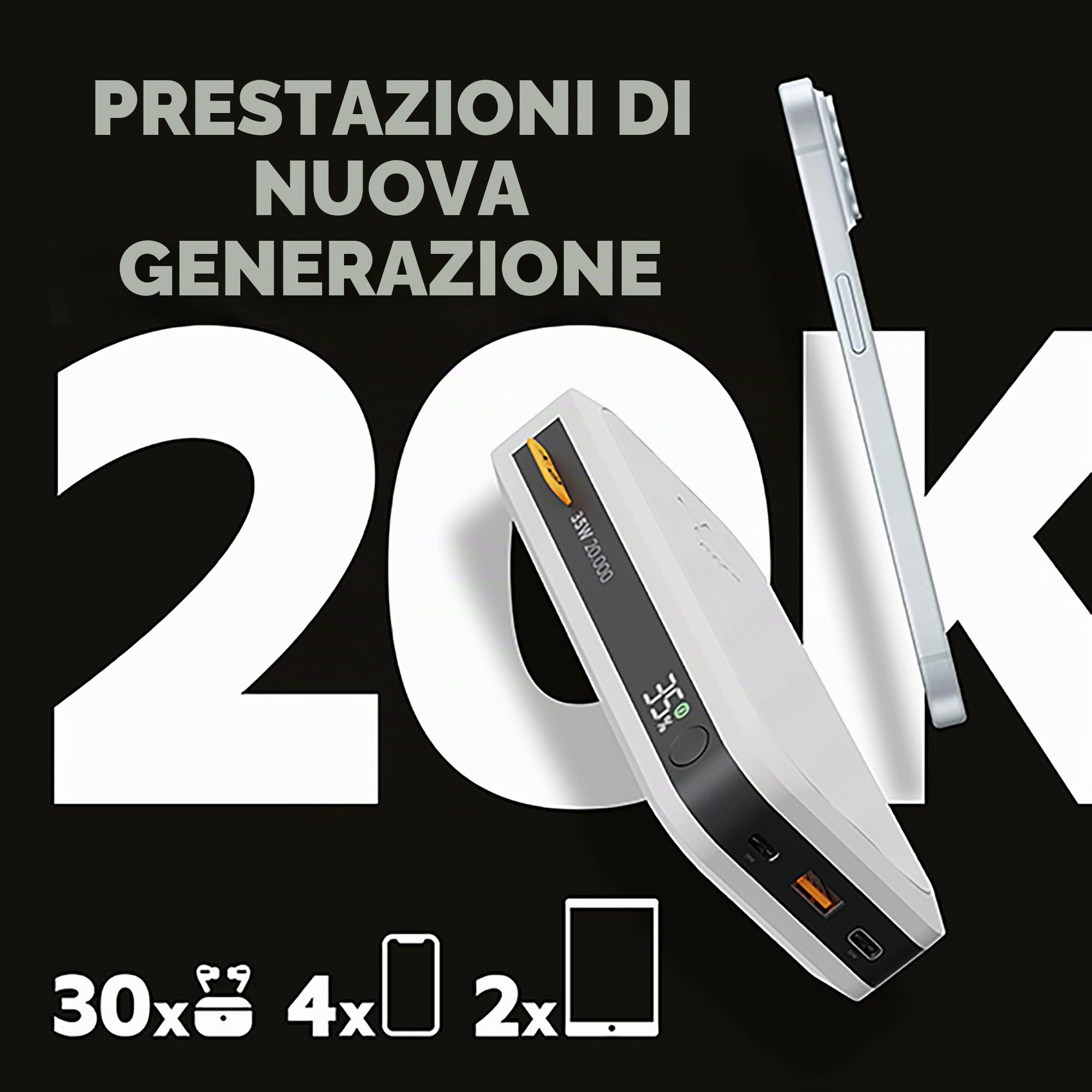 Xtorm Fuel serie5 power bank 20.000mAh 35W uscite USB-C e USB-A bianco | Adatto per smartphone tablet ed accessori compatibili portatile, con display digitale, ricarica rapida, in plastica riciclata