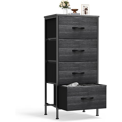 Sweetcrispy Nightstand Small Bedroom Dresser with 4 Fabric Drawers,Bed Side Furniture End Table,Wooden Top Cabinet Night Stand Dresser for Closet,Entryway,Dorm,Black Wood Grain
