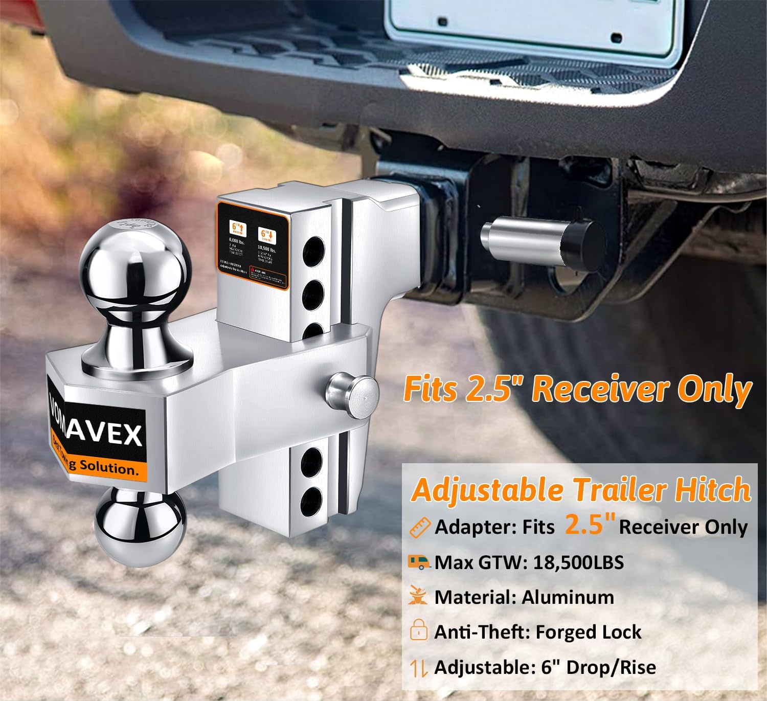 Adjustable Trailer Hitch-Drop Hitch Fits 2.5-Inch Receiver -6" Drop/Rise Tow Hitch with 2" and 2-5/16" Tow Balls-18,500GTW with Double Anti-Theft Pins Locks (Silver)