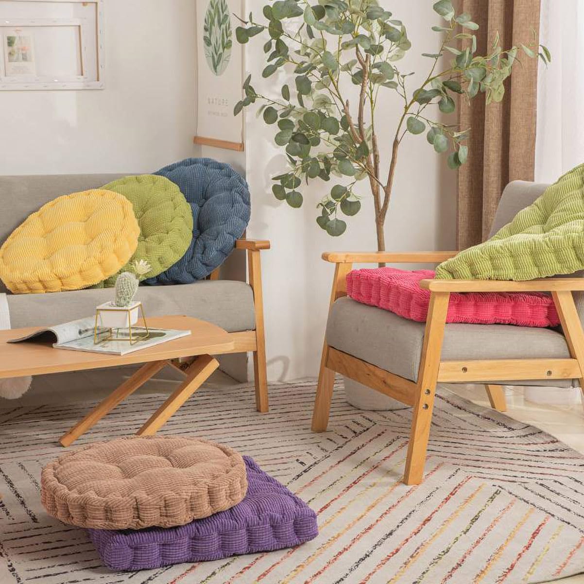 Cojín Cuadrado y Redondo para Suelo, Sofá y Meditación - Decorativo Tatami de Pana para Interior y Exterior (50 cm/19.7 Pulgadas, Verde Ronda)