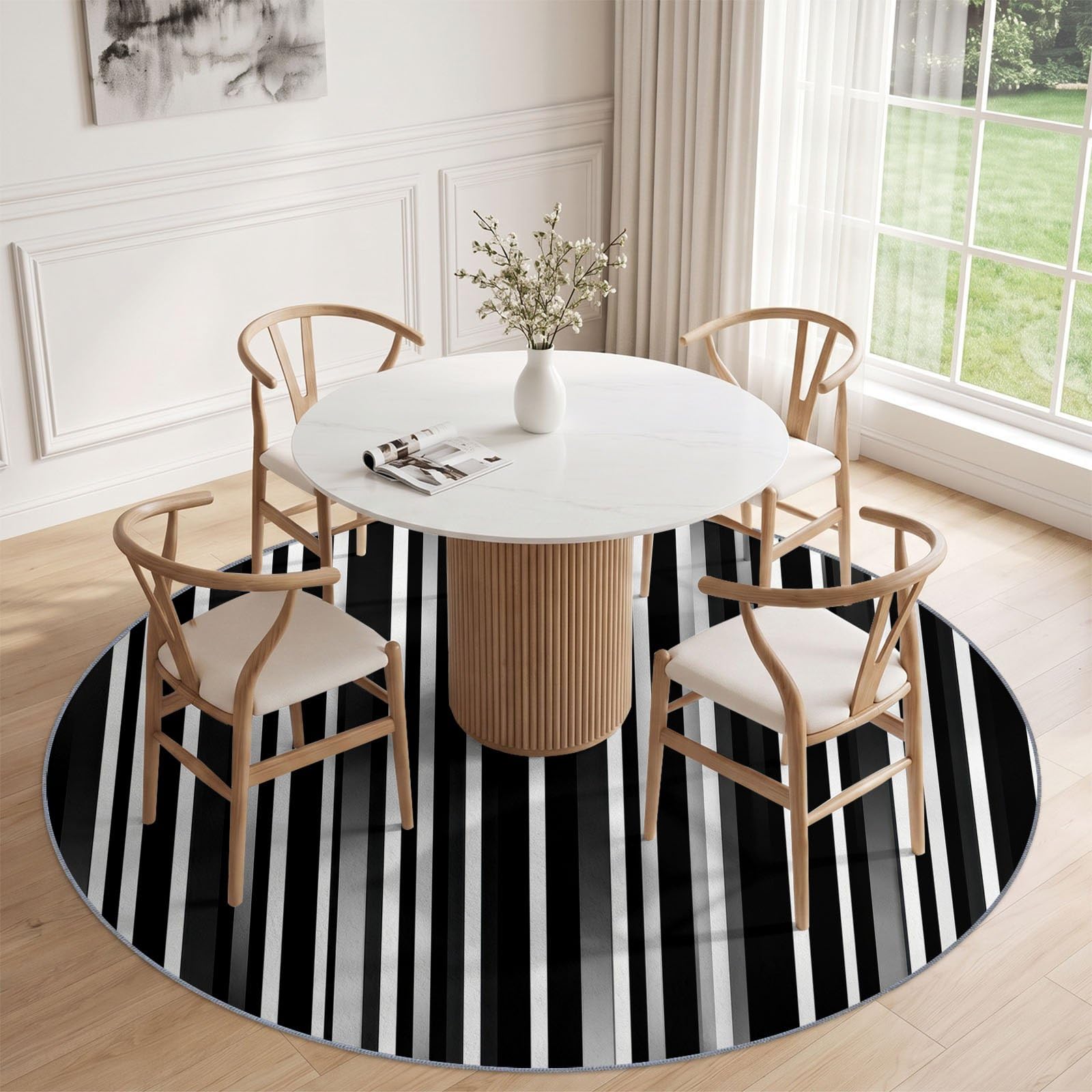 Tapis Rond Moderne Minimaliste 200 cm, Rayure Rayure Verticale Dégradé Lavable en Machine pour Salon, Noir Antidérapant, Poil Court Tapis Rond Imprimé pour Chambre d’Enfant Nurserie